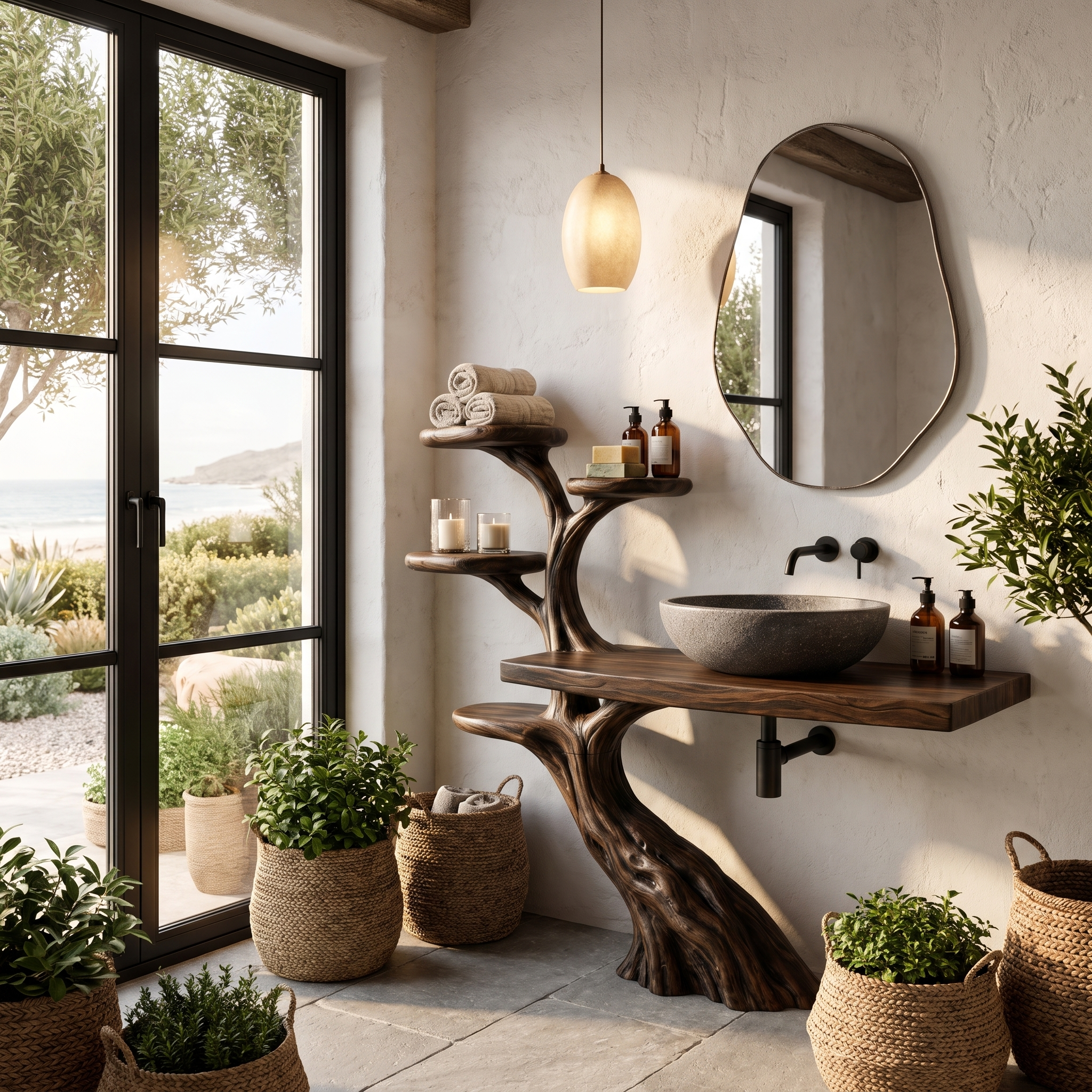 Rustic Bathroom Vanity With Sculptural Wood Structure For Bathroom SINLHABRV321