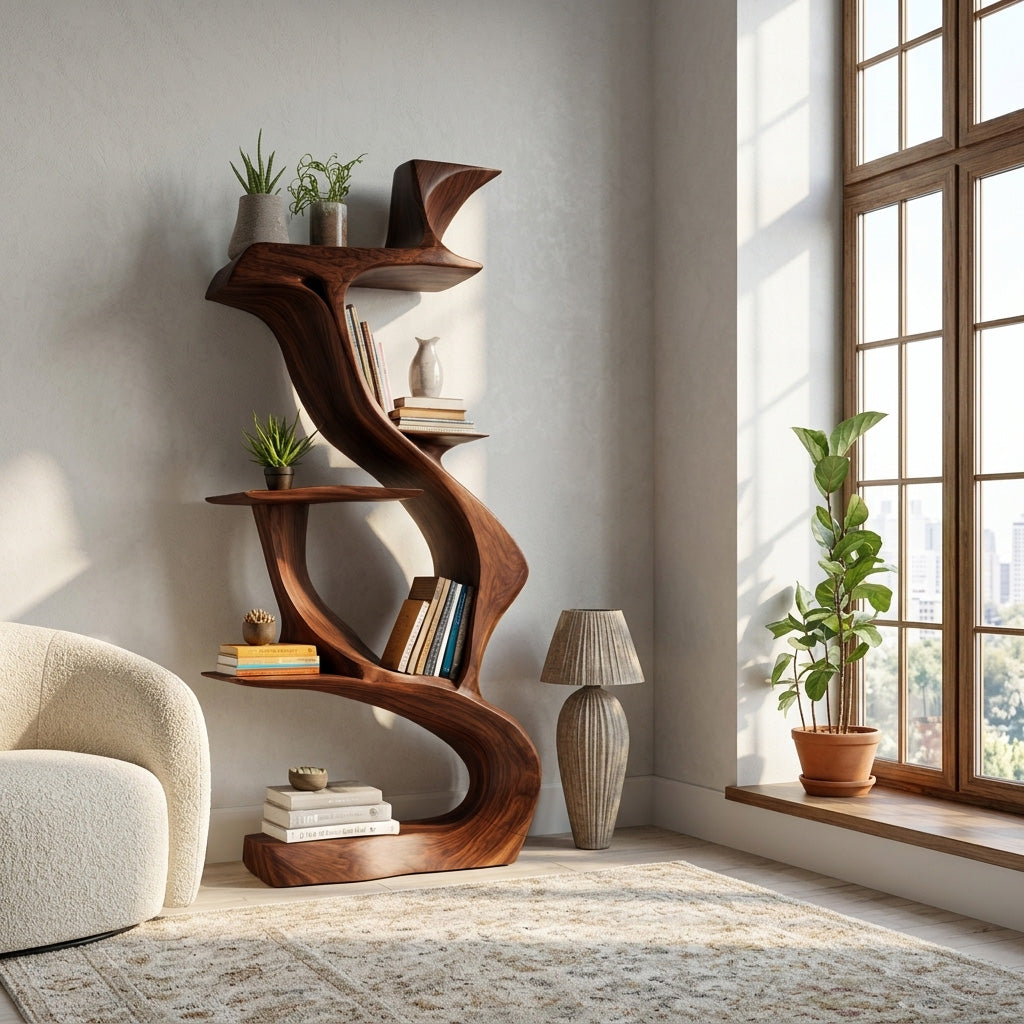 Sculptural Natural Wood Bookshelf For Living Room RTTHHNBS167
