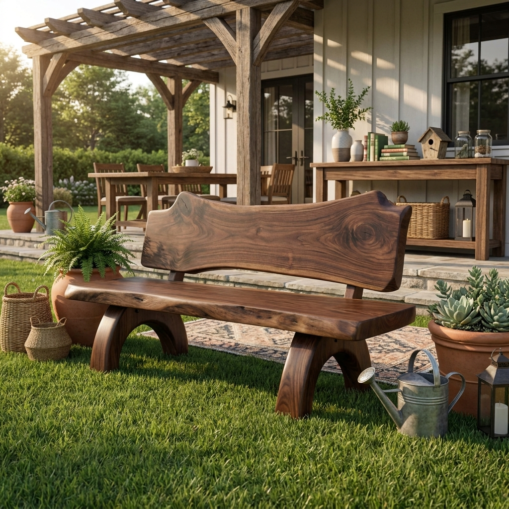Rustic Live Edge Bench With Backrest For Patio Garden Courtyard SITHTTCHR011