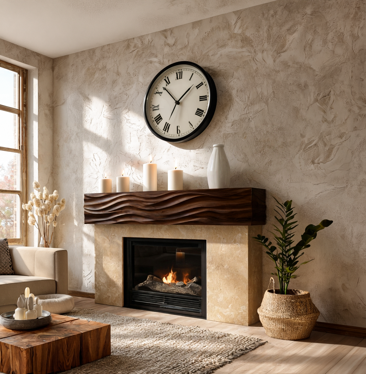 Rustic Wooden Fireplace Shelf With Wave Carved For Living Room RTTHTTFS015