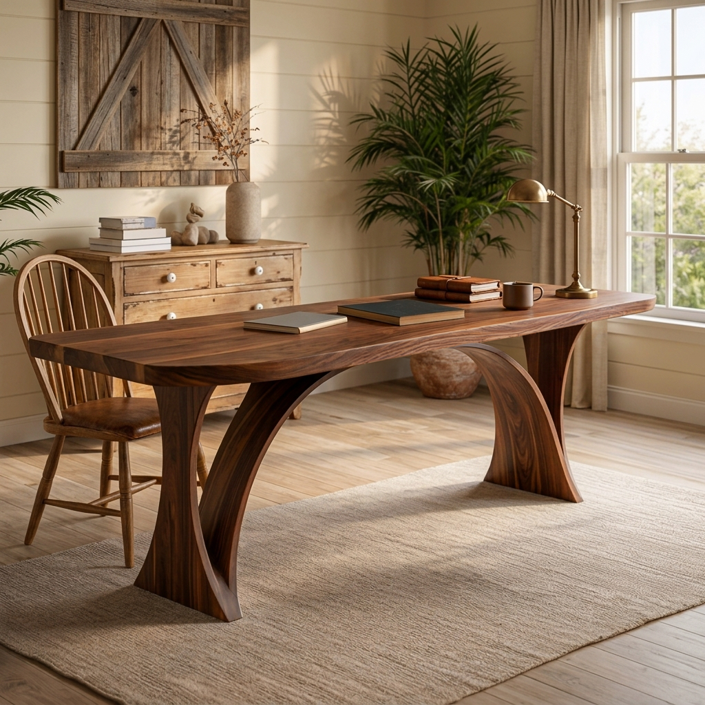 Handmade Wooden Desk With Unique Curved Base For Workspace RTTHTTDE076