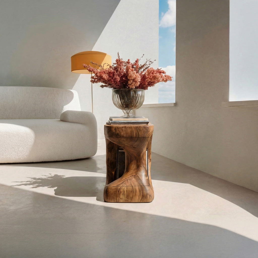 Minimalist Sculptural Wood Side Table With Storage For Living Room RTTHHNSTA017