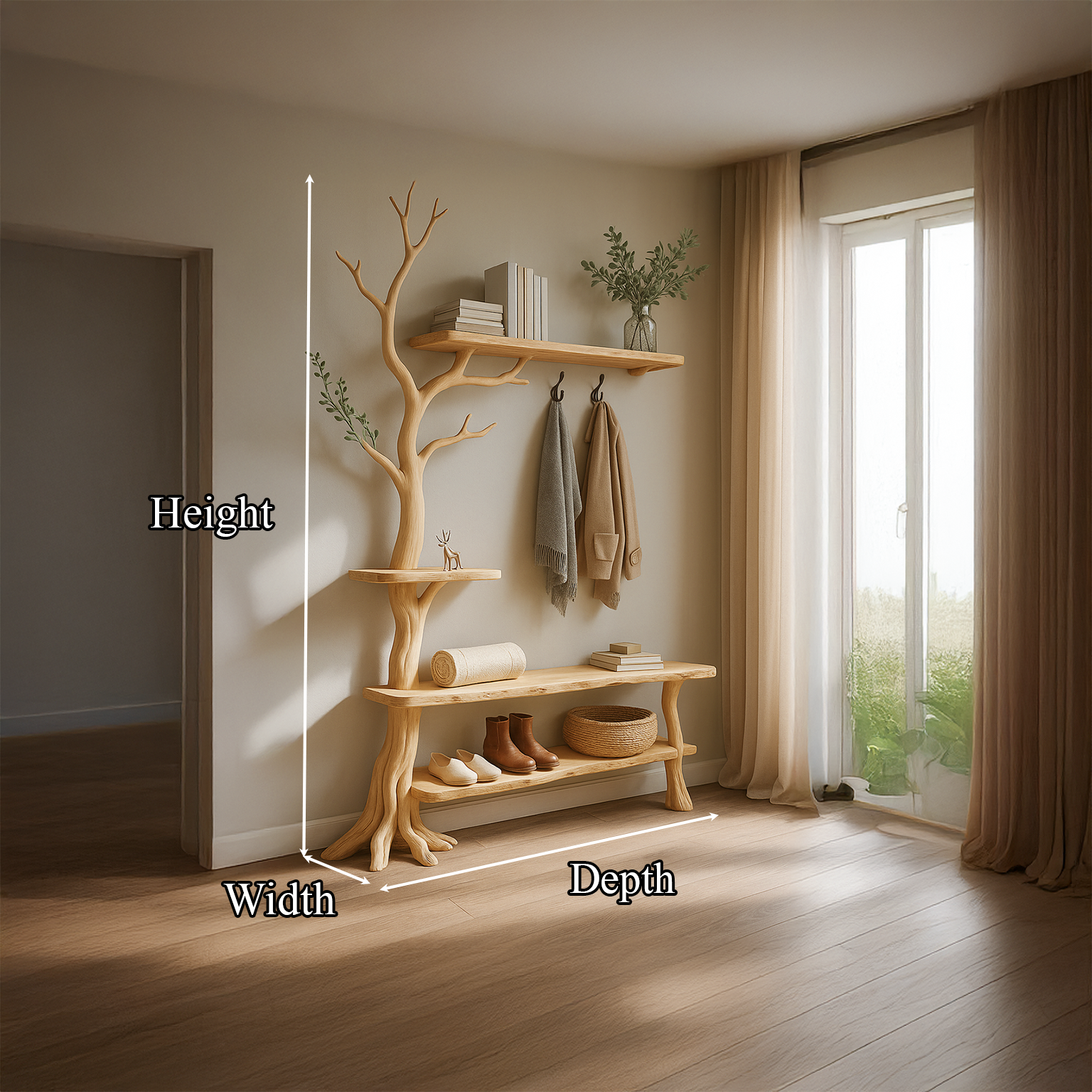 Rustic Tree Coat Rack Shoe Bench Bedroom SINLSATCR016