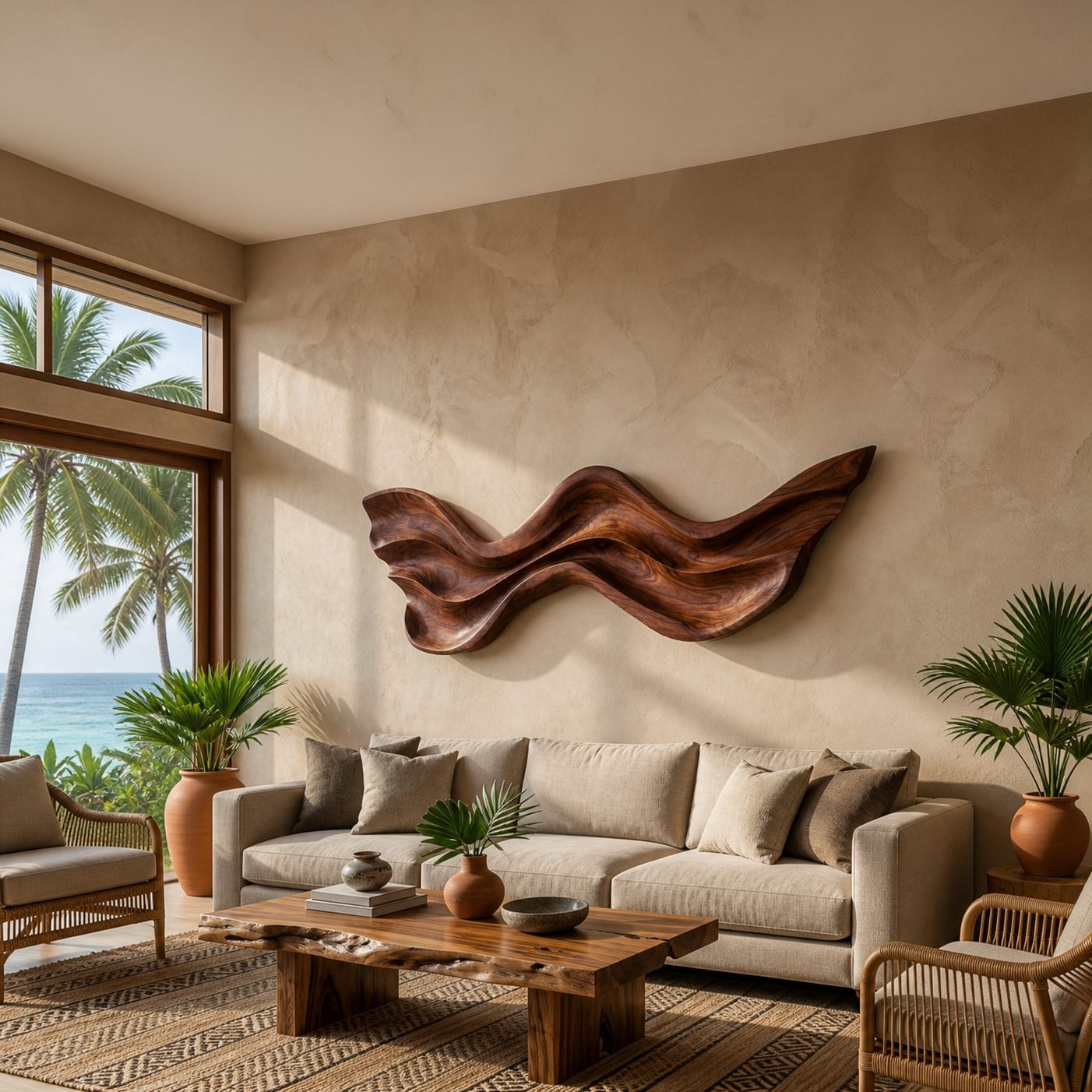 Mid Century Wooden Wall Art With Carved Wave For Living RTTHTTWA136