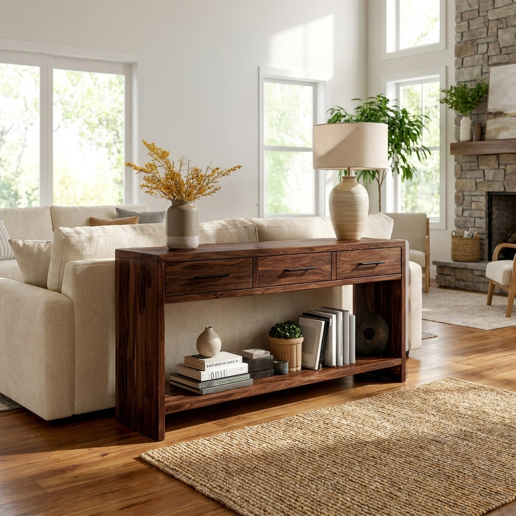 Handcrafted Wooden Console Table With Drawers For Living Room RTTHHNCS026