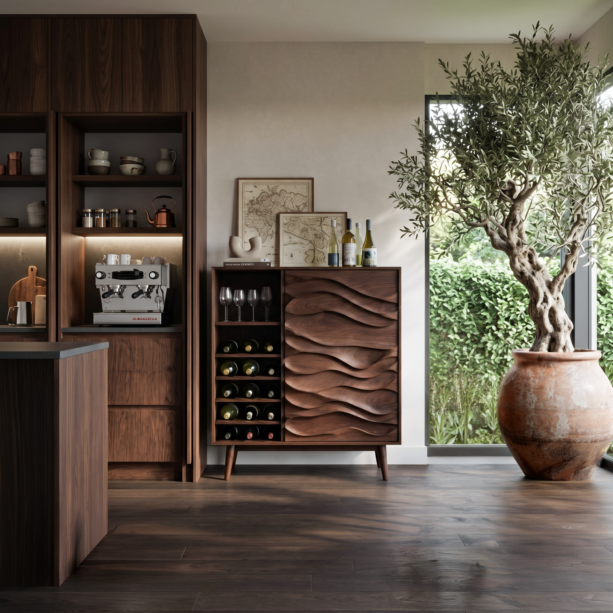 Sculptural Wine Cabinet With Wave Carved Doors For Kitchen SITHTTBCA013