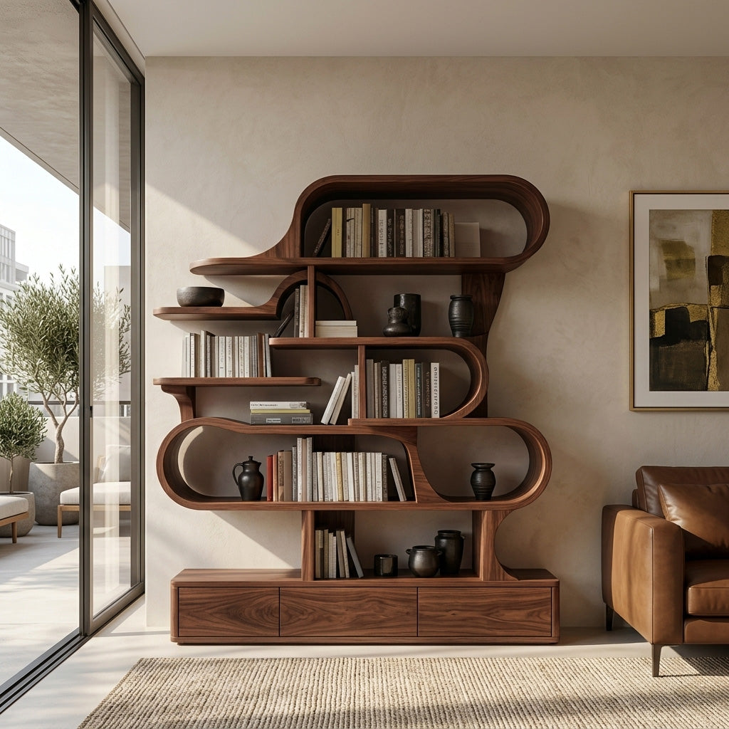 Modern Sculptural Bookshelf With Curved Design For Living Room Or Office SITHHNBS035