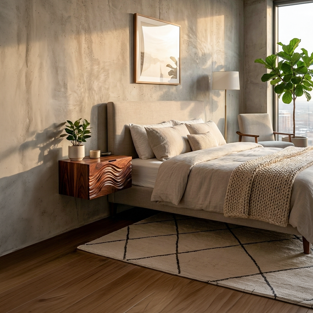 Modern Wooden Floating Nightstand With Wave Carved Front For Bedroom RTTHTTNS027