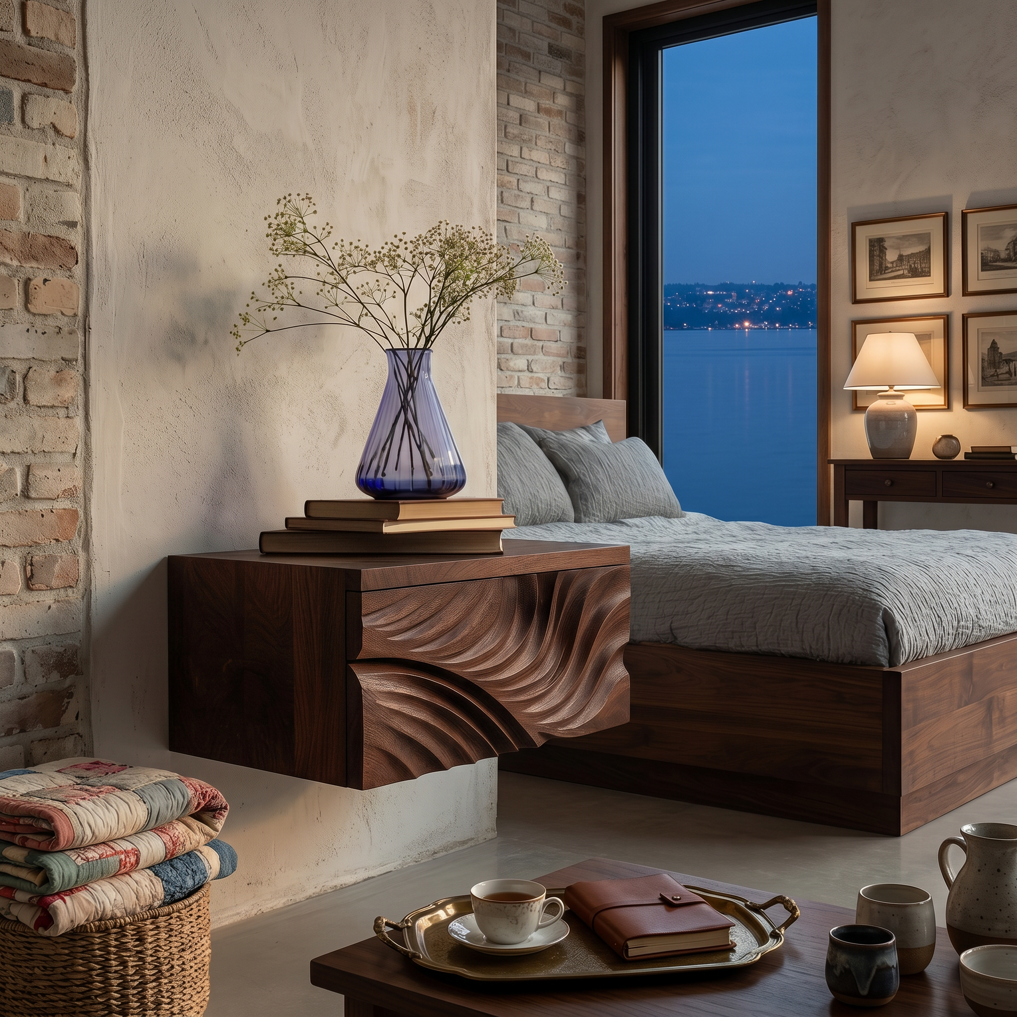 Elegant Wooden Floating Nightstand With Carved Front For Bedroom RTTHTTNS031