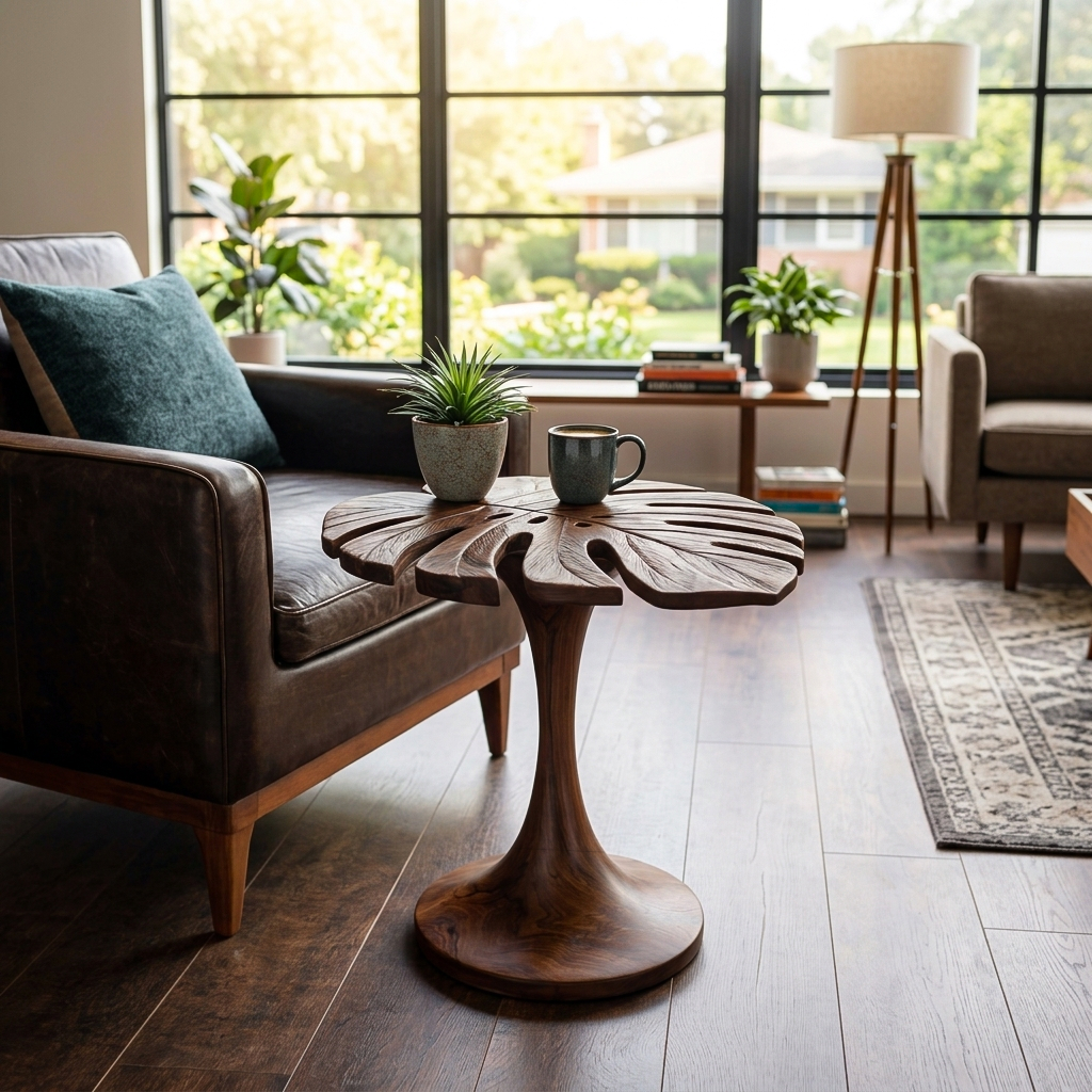 Handmade Wooden Side Table Leaf Shape Top For Sofa Side RTTHTTSTA067