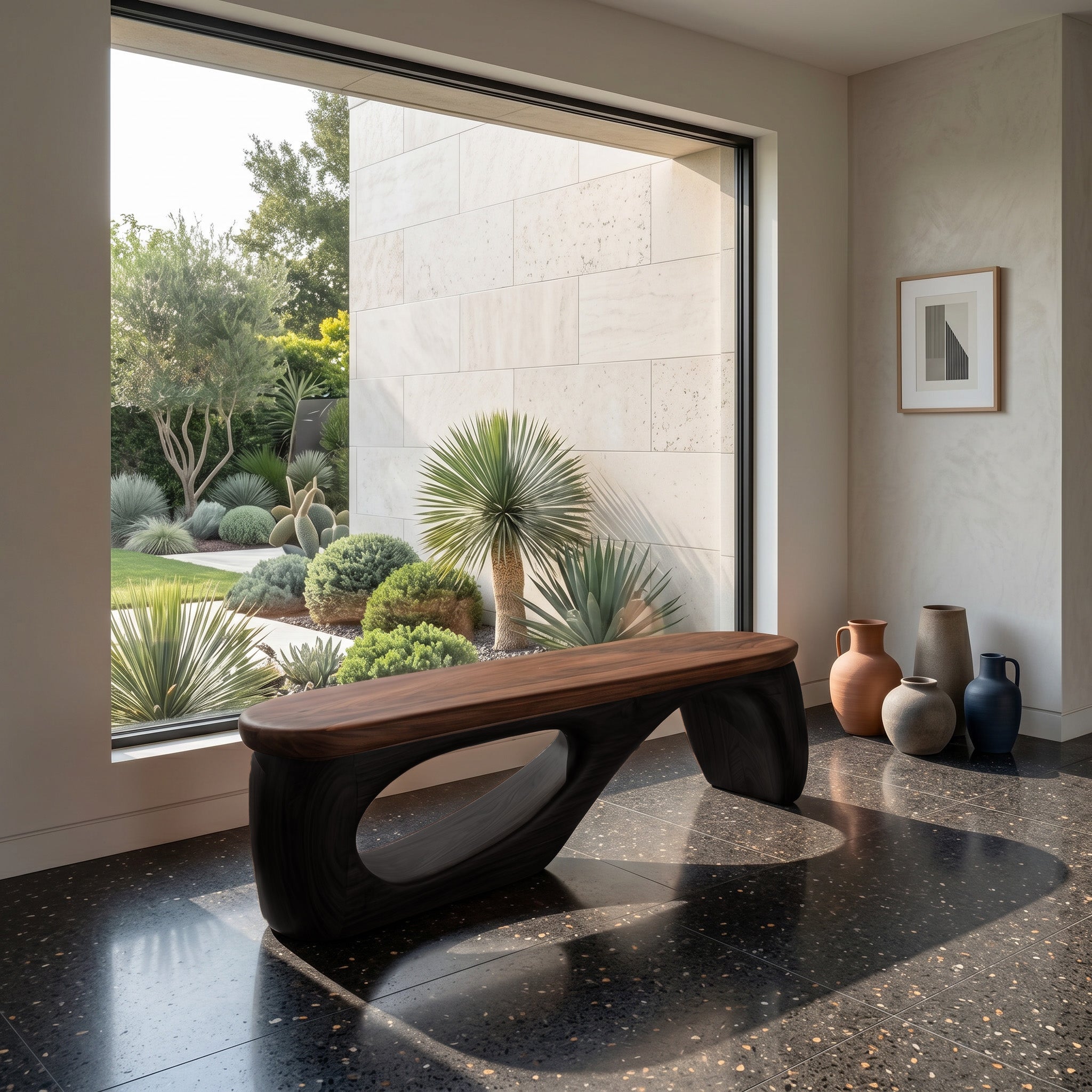 Organic Wooden Bench With Curved Black Base For Home RTTHHNCHR157