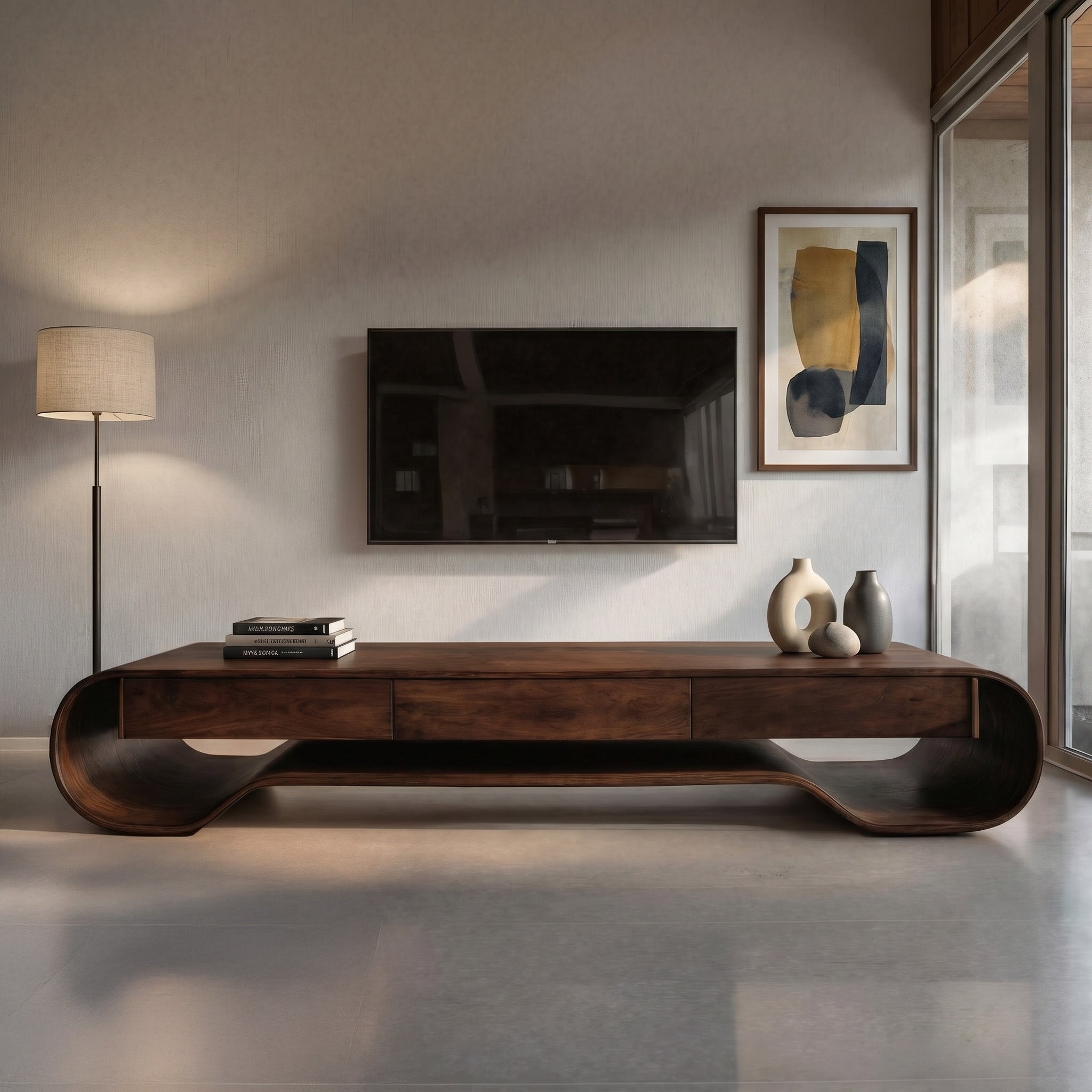 Sculpted Curved Media Console With Storage For Living Room RTTHHNTVC048
