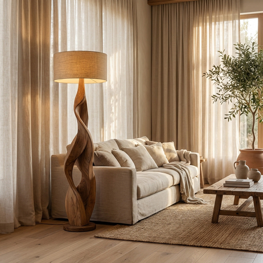 Sculptural Wooden Floor Lamp With Fabric Shade For Bedroom RTTHHNLAM064