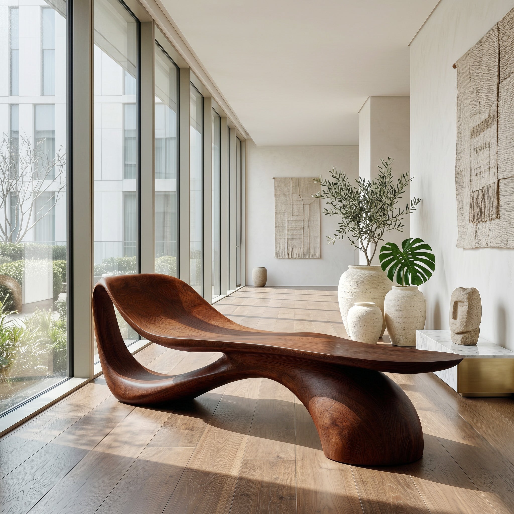 Modern Wooden Bench With Curved Sculptural For Living Decor RTTHHNCHR162