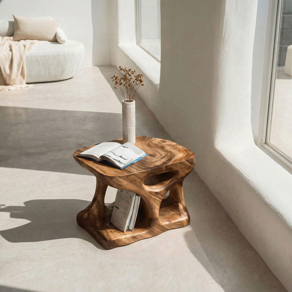 Scandinavian Wooden Side Table With Minimal Curves And Open Shelf For Living Room RTTHHNSTA016