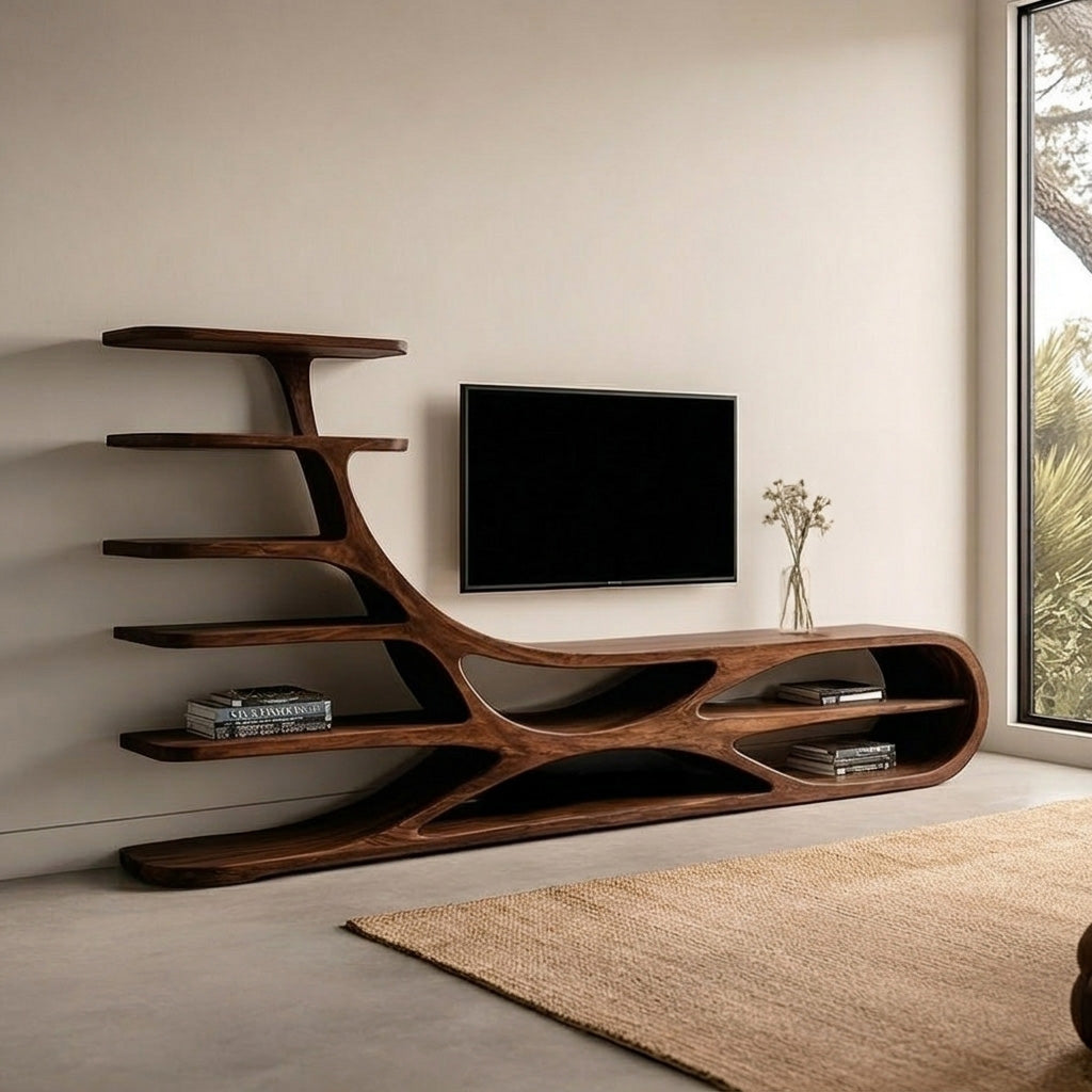 Organic Natural Wood TV Stand With Floating Shelves For Home RTTHHNTVC096