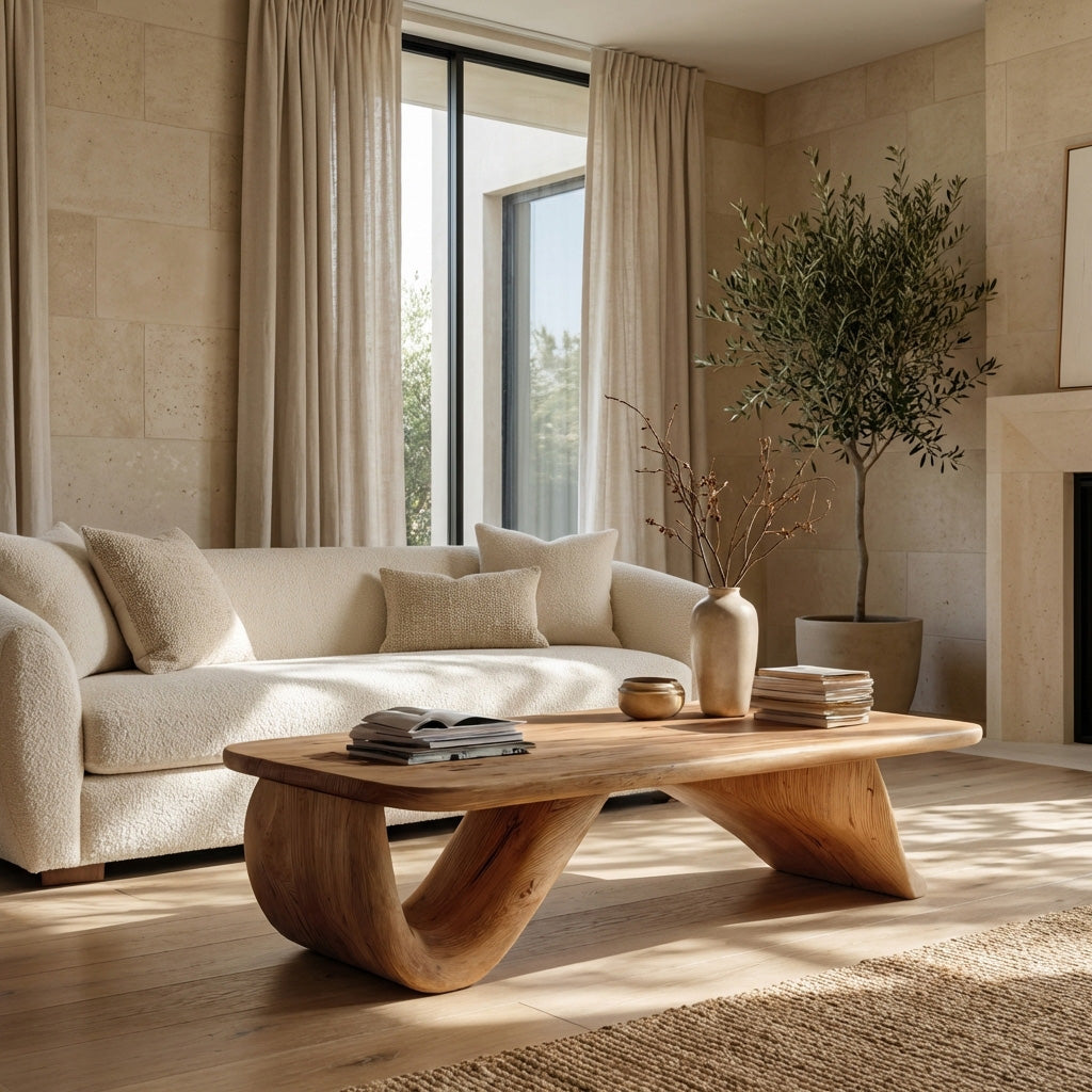 Organic Wood Coffee Table With Sculpted Curved Base For Living RTTHHNCF064