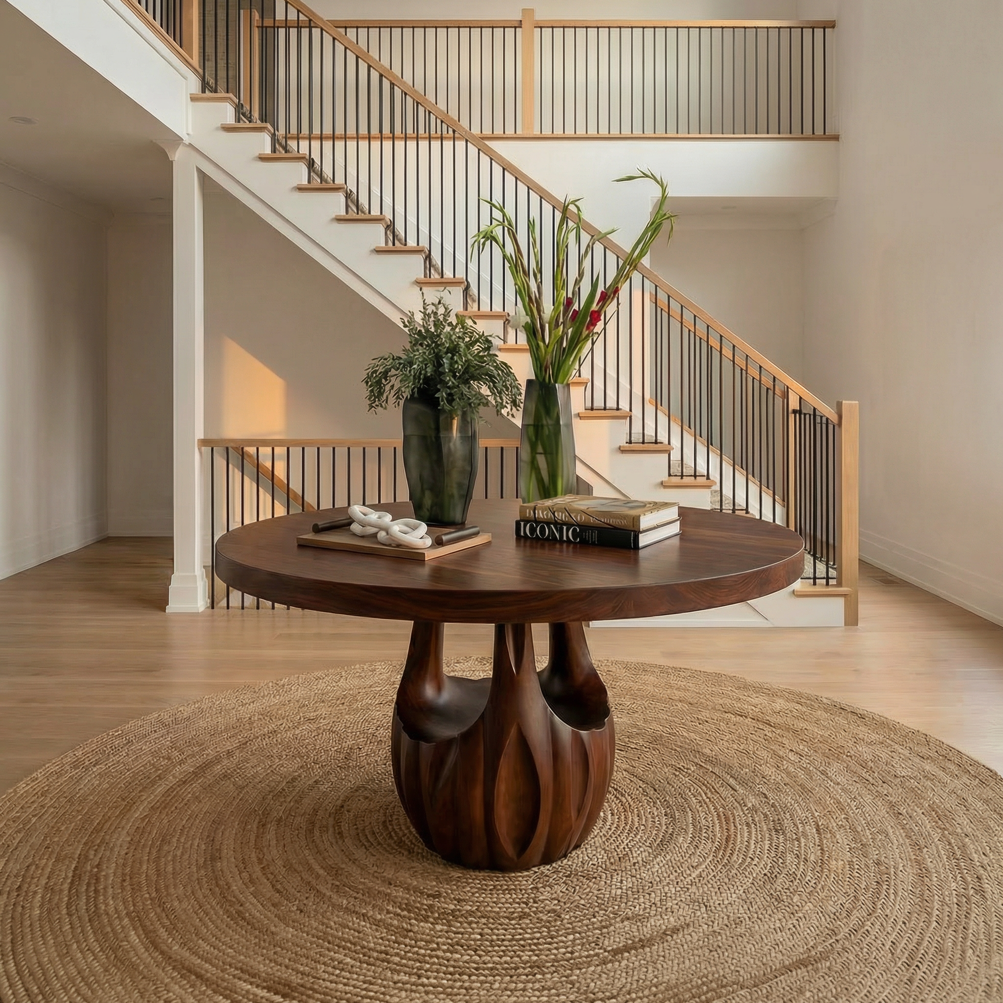 Modern Round Entryway Foyer Table With Unique Sculptural Base For Entryway And Hallway SINLSAFT004