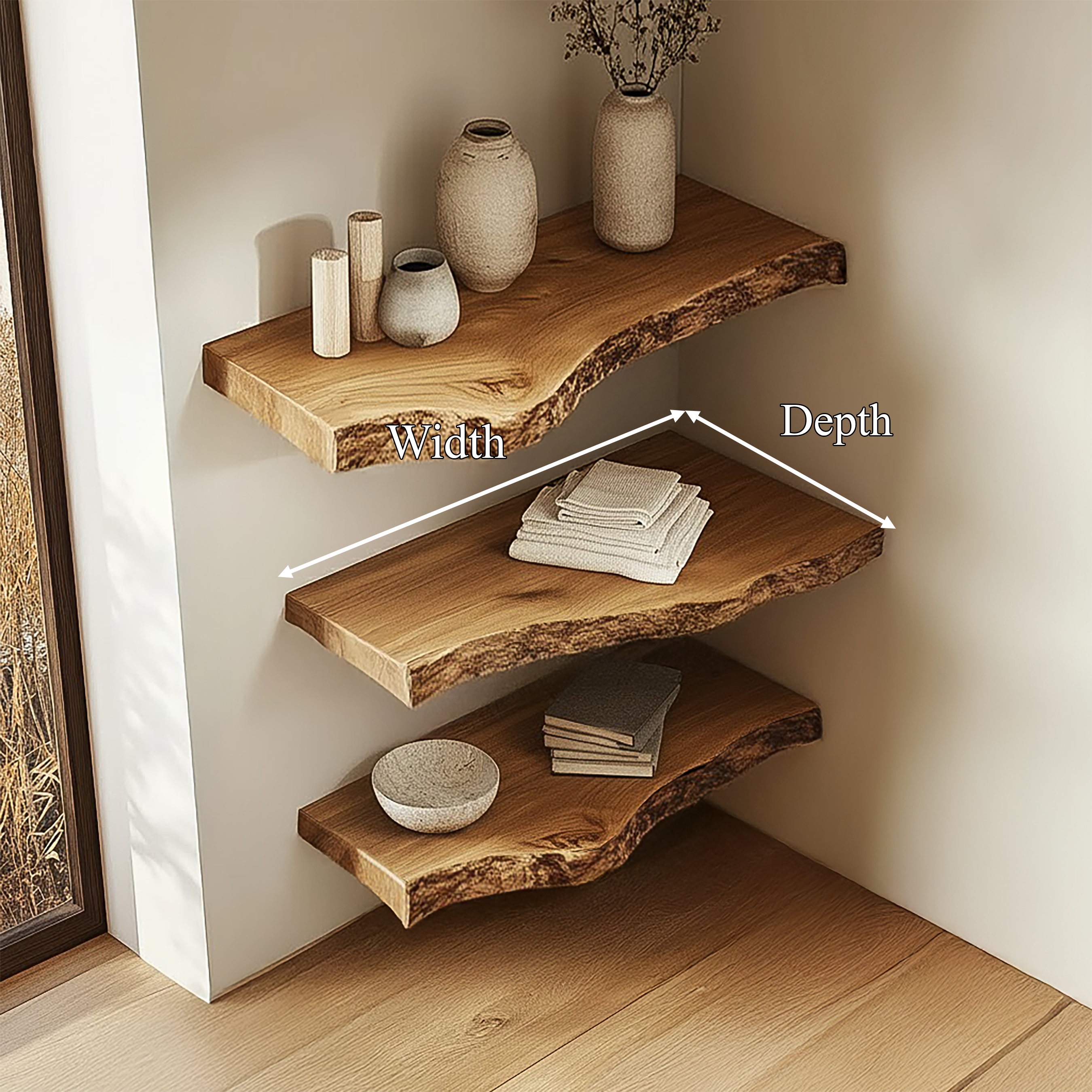 Rustic Sculptural Corner Floating Shelves Solid Wood Living Room Interior Statement Design SINLSAFL418