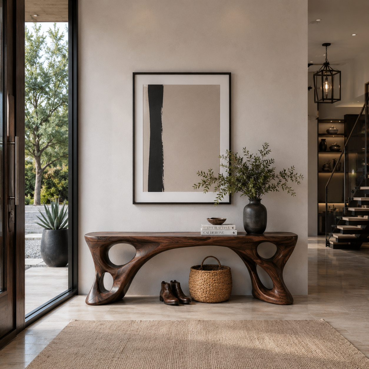 Sculptural Bench With Carved Design For Entryway SITHTTCHR049
