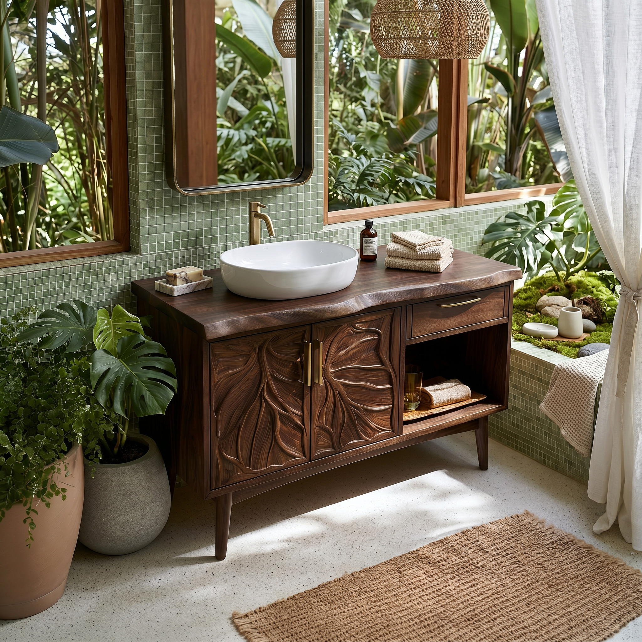 Tropical Wooden Vanity Cabinet With Carved Doors Spa Bathroom SILDTTRBRV142