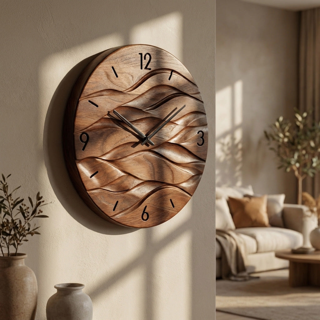 Organic Modern Wood Wave Wall Clock For Living Room RTTHHNWAC018