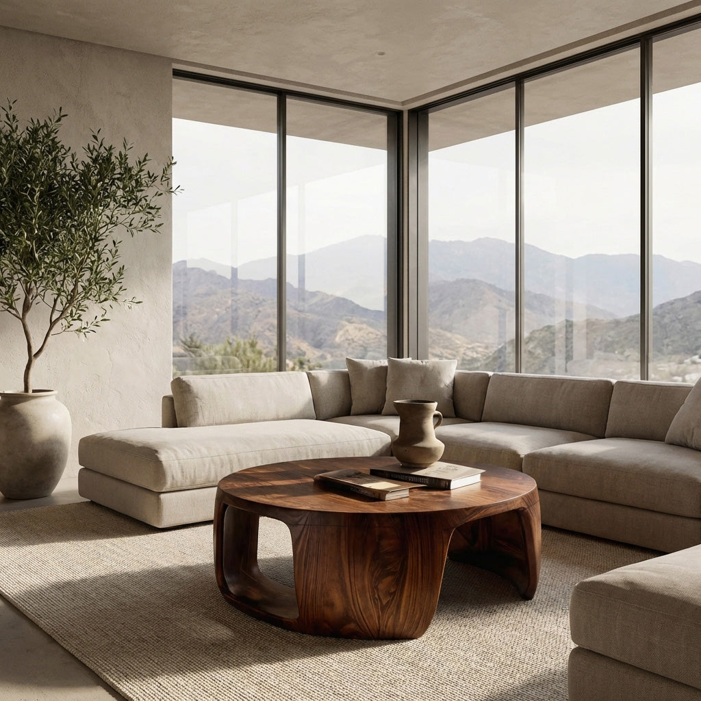 Minimal Wood Round Coffee Table With Sculptural Form For Home RTTHHNCF069