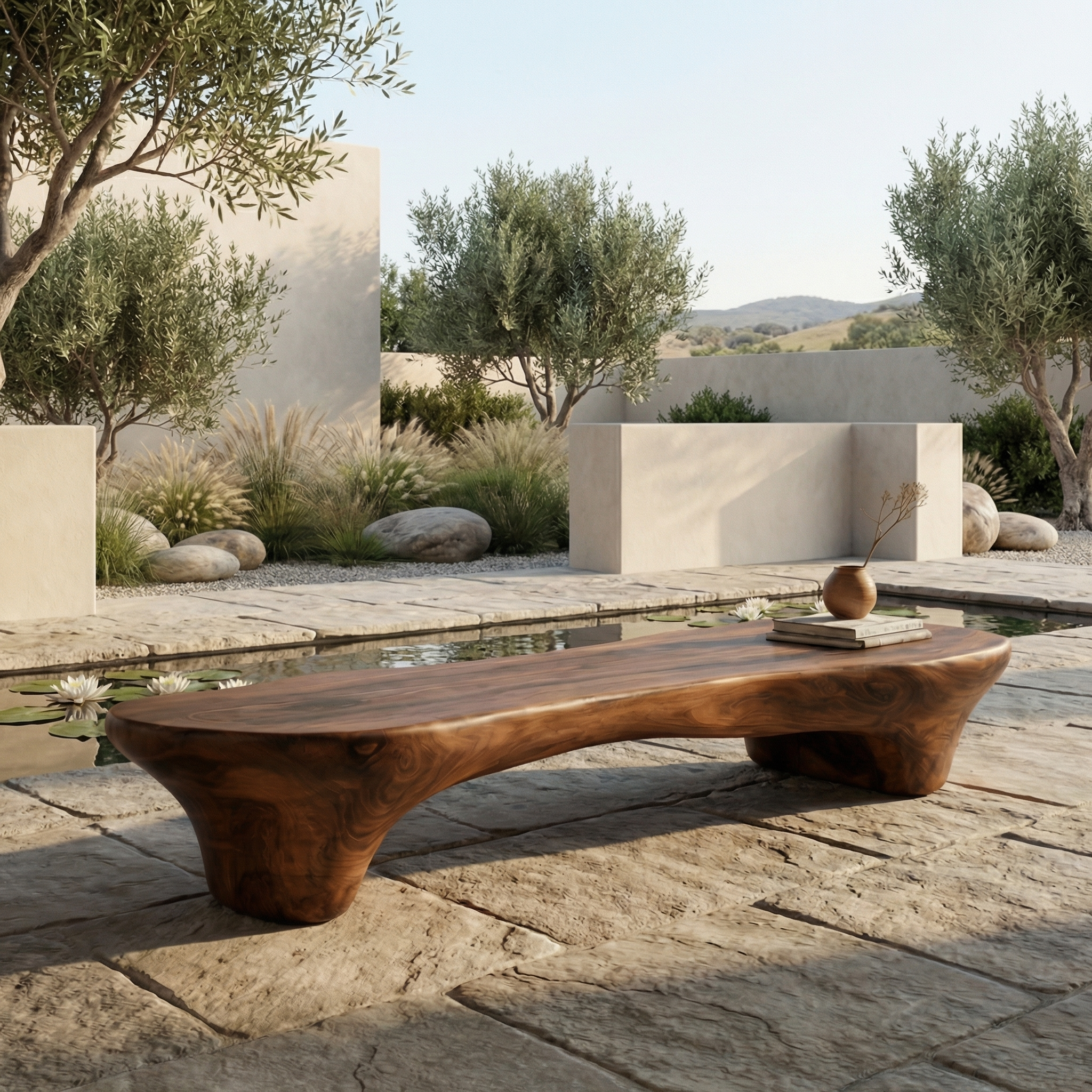 Minimal Organic Bench Solid Wood Smooth Rounded Form Entryway SINLHARS092