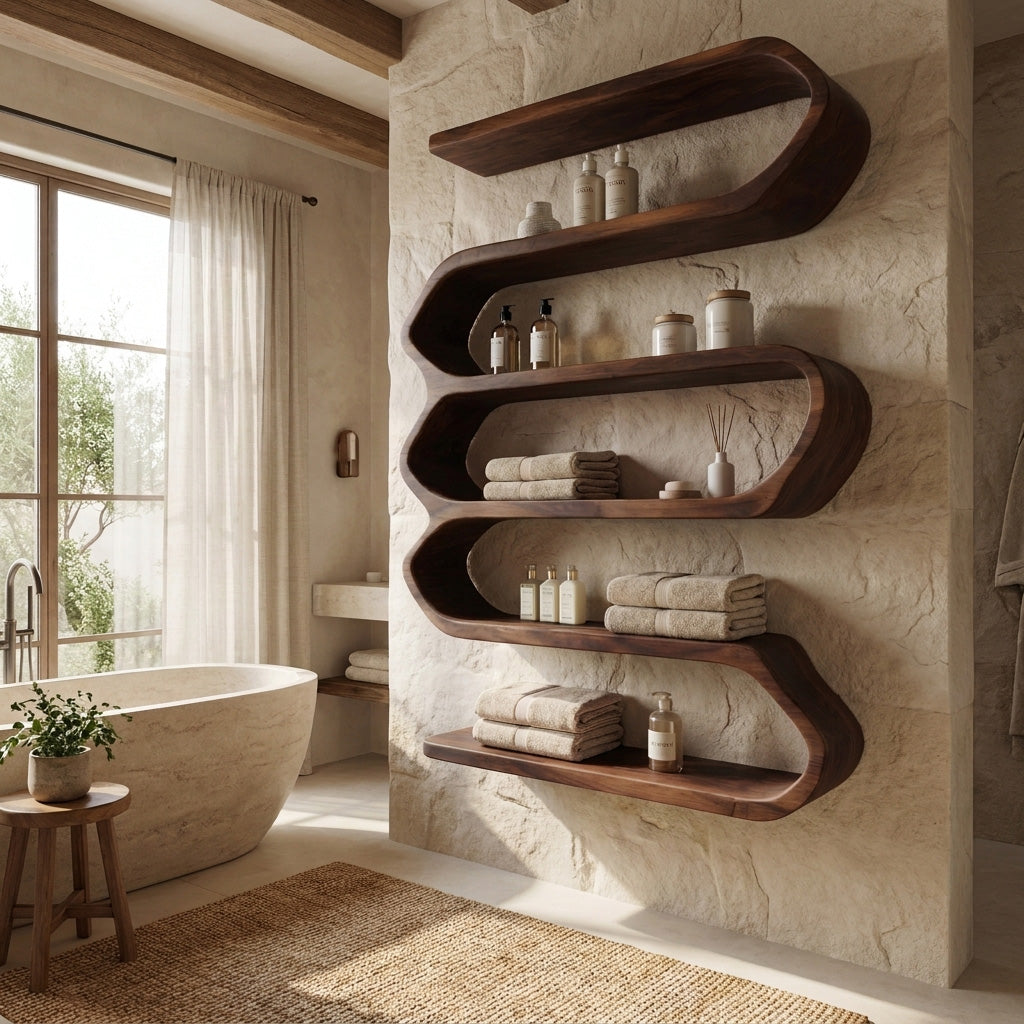 Organic Natural Wood Bathroom Shelf For Spa Style RTTHHNBAS029