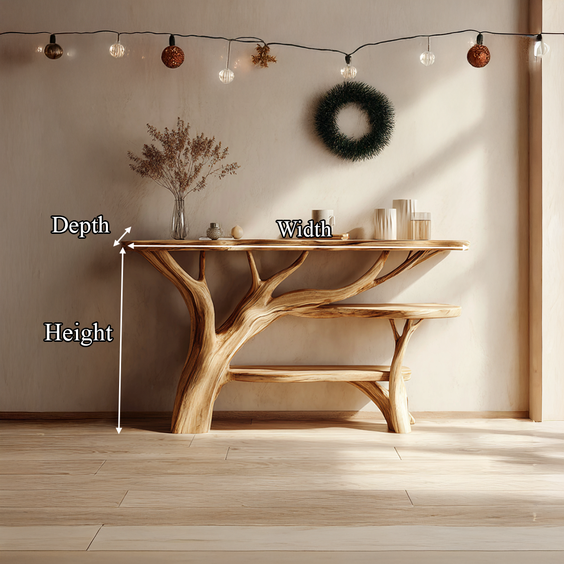 Rustic Tree Console Table Holiday Living Room Arrangement SINLSACS340