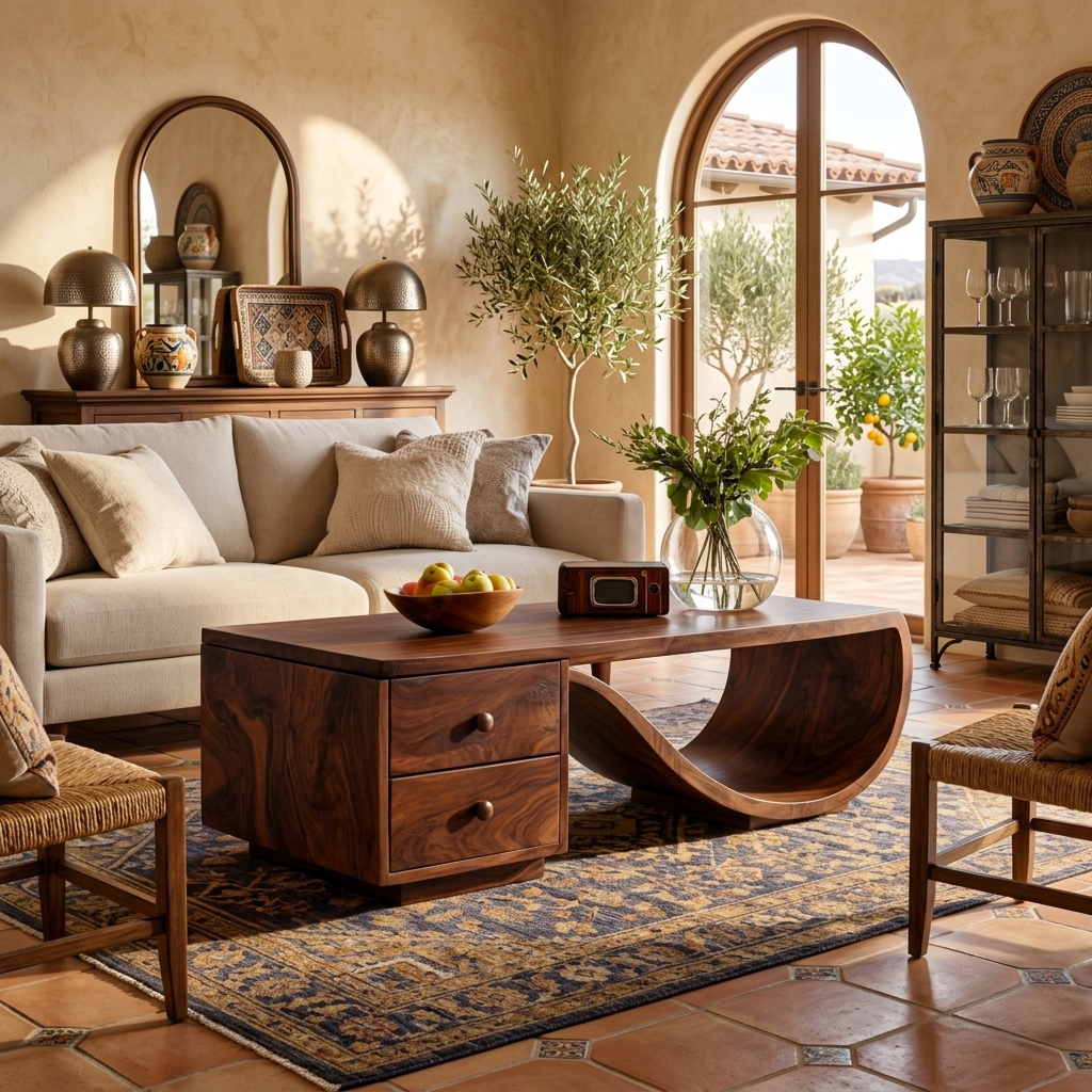 Wood Coffee Table With Unique Curved Base And Drawer For Home RTTHTTCF053
