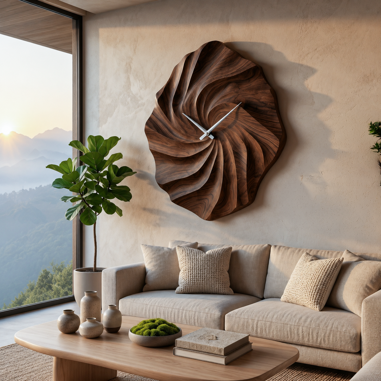 Artistic Wooden Wall Clock With Hand Carved Wave For Statement Bedroom RTTHTTWAC010