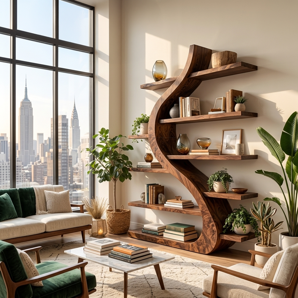 Organic Wooden Bookshelf Soft Curved Design For Home Decor RTTHTTBS124