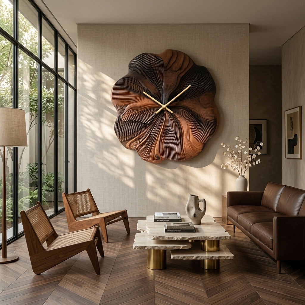 Contemporary Floral Wooden Wall Clock Decor For Living Room RTTHHNWAC021