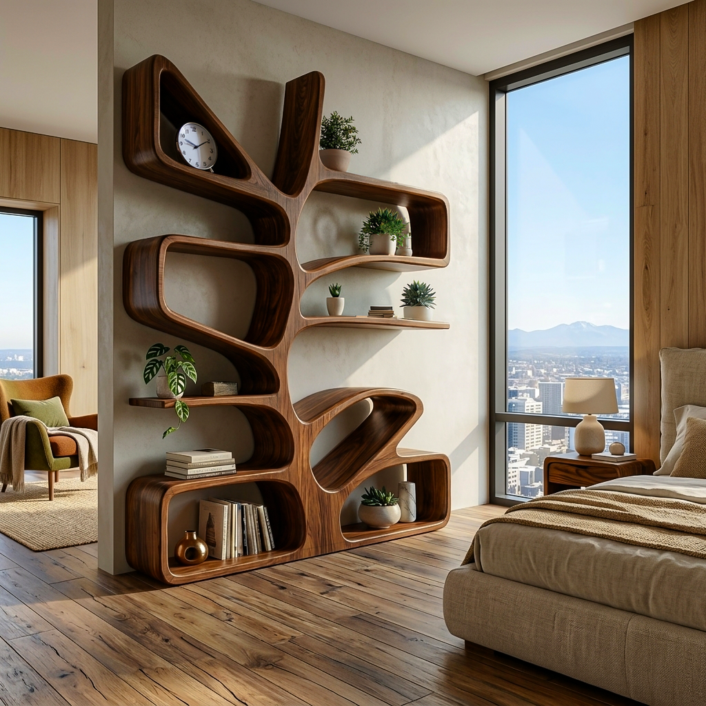 Organic Wooden Bookcase With Sculptural Form For Living Space RTTHTTBS130