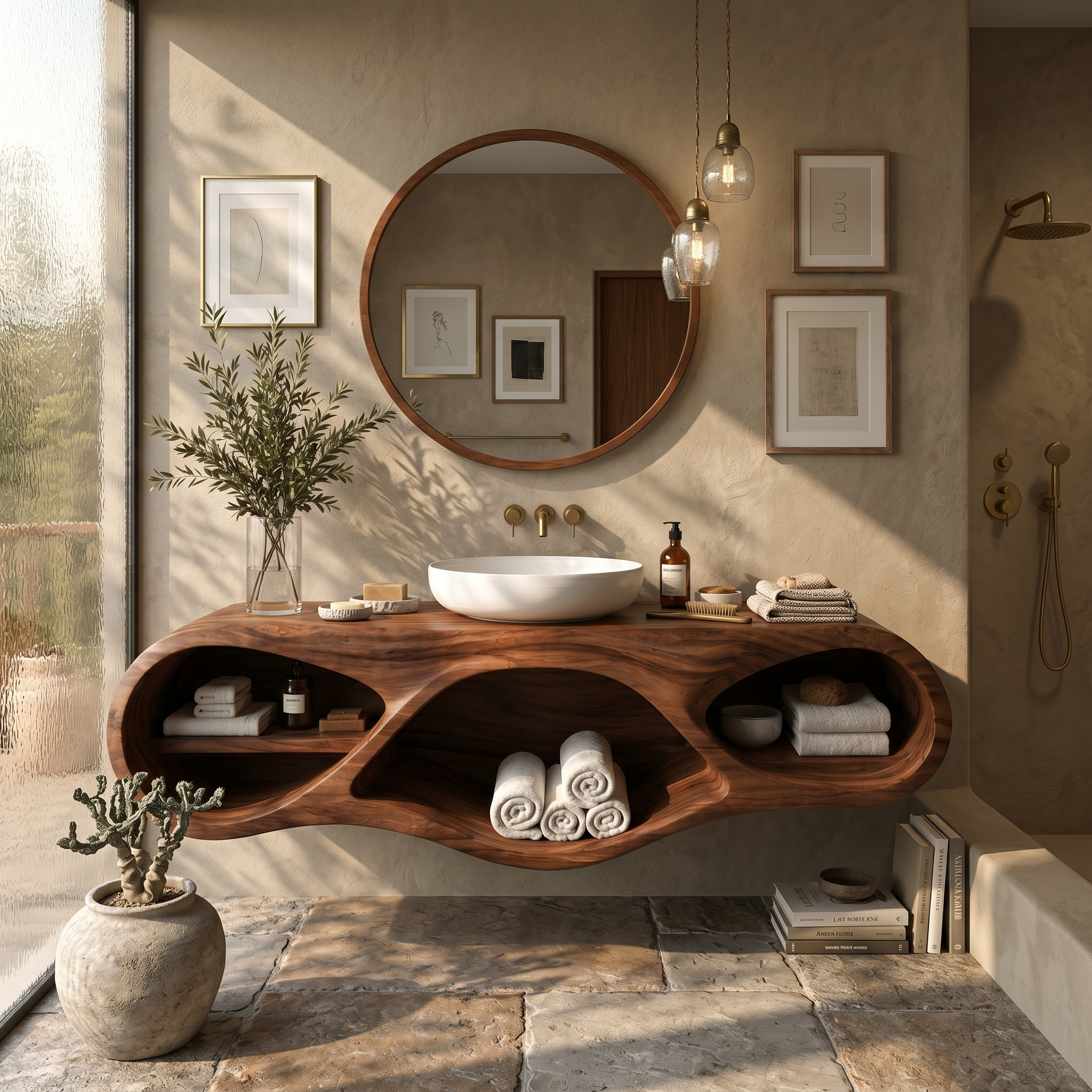 Organic Bathroom Vanity With Oval Open Shelves For Spa Bathroom RTTHTTBRV024