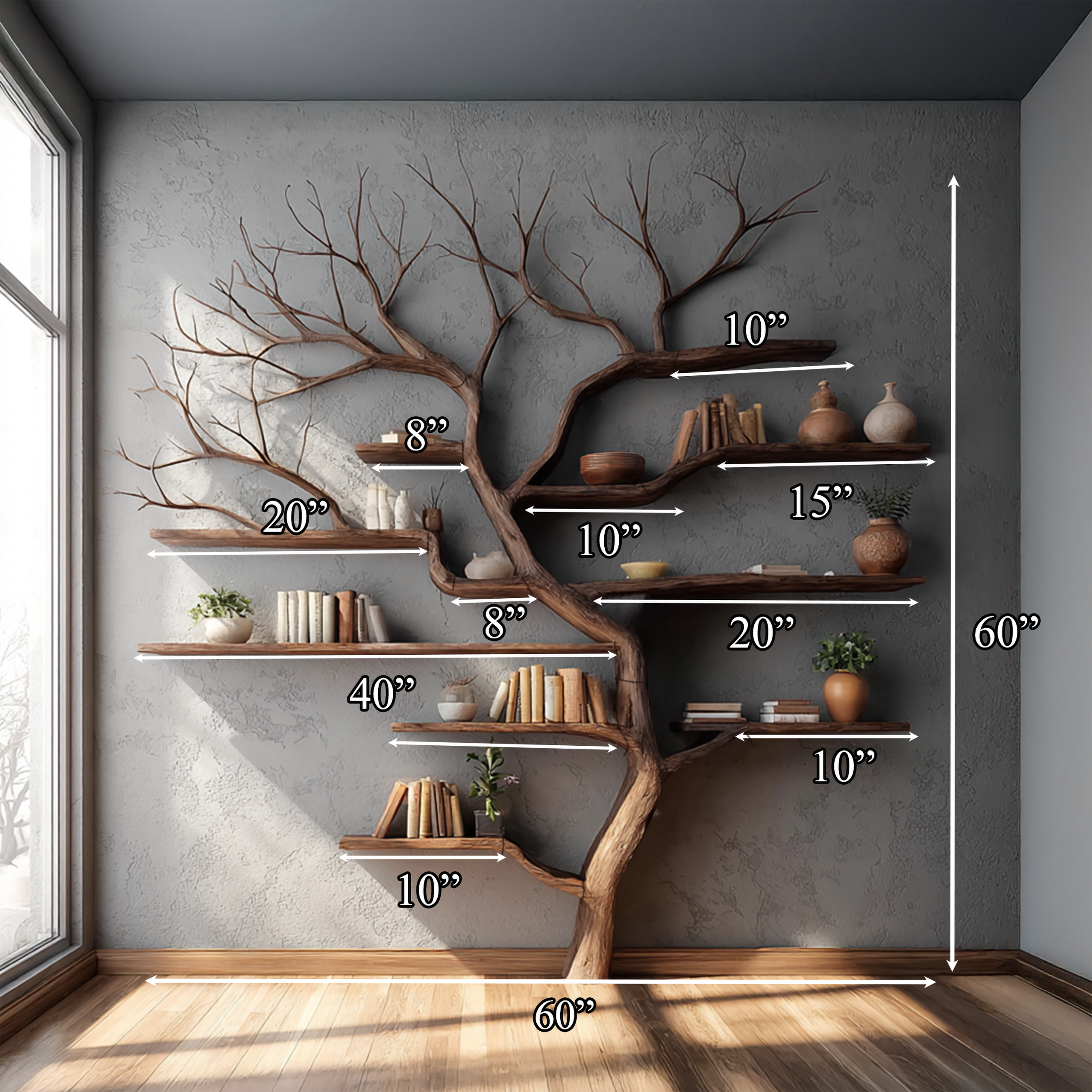Rustic Tree Branch Bookshelf Living Wall SINLSATB199