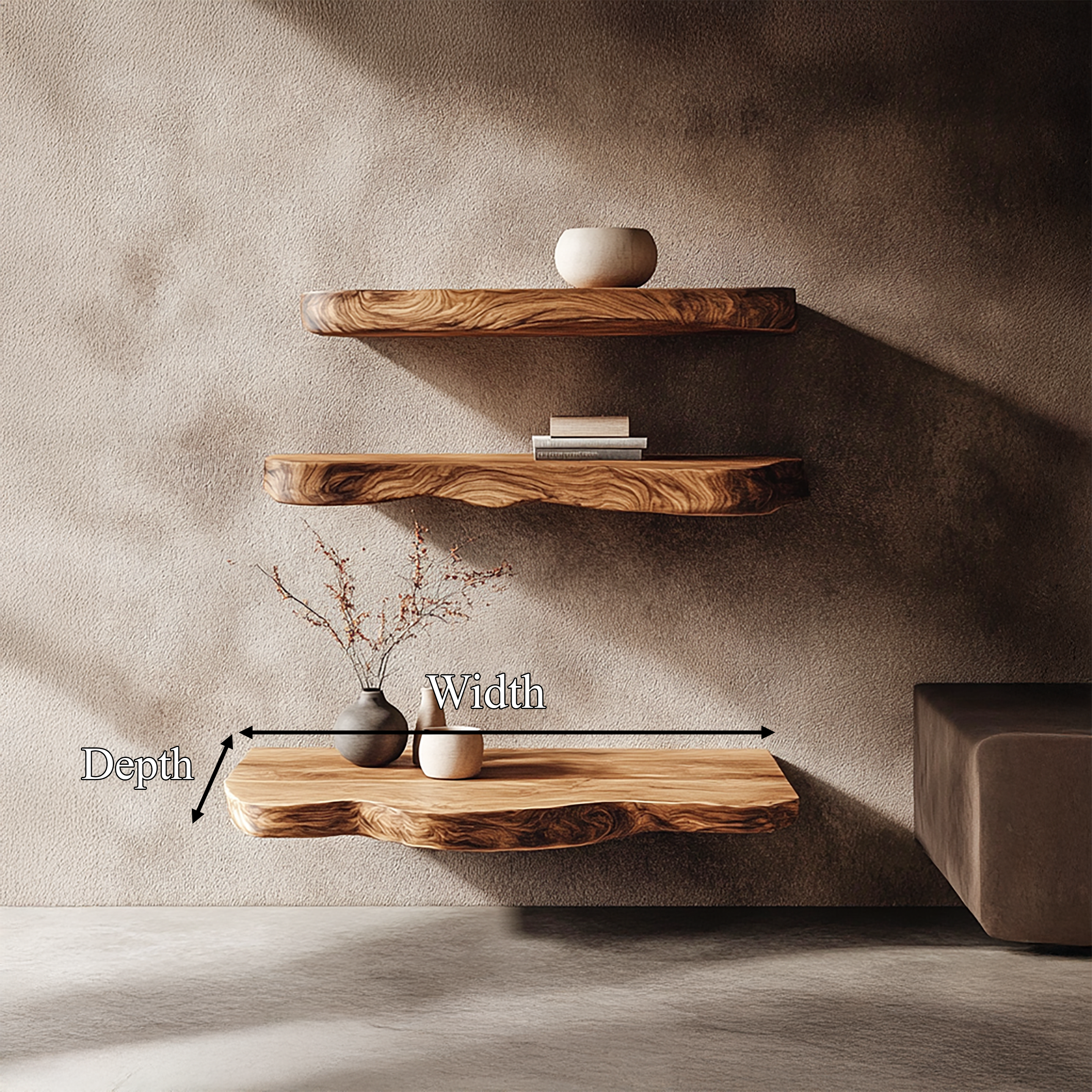 Rustic Nature Inspired Floating Display Shelves Solid Wood Living Room Interior Statement Feature SINLSAFL416