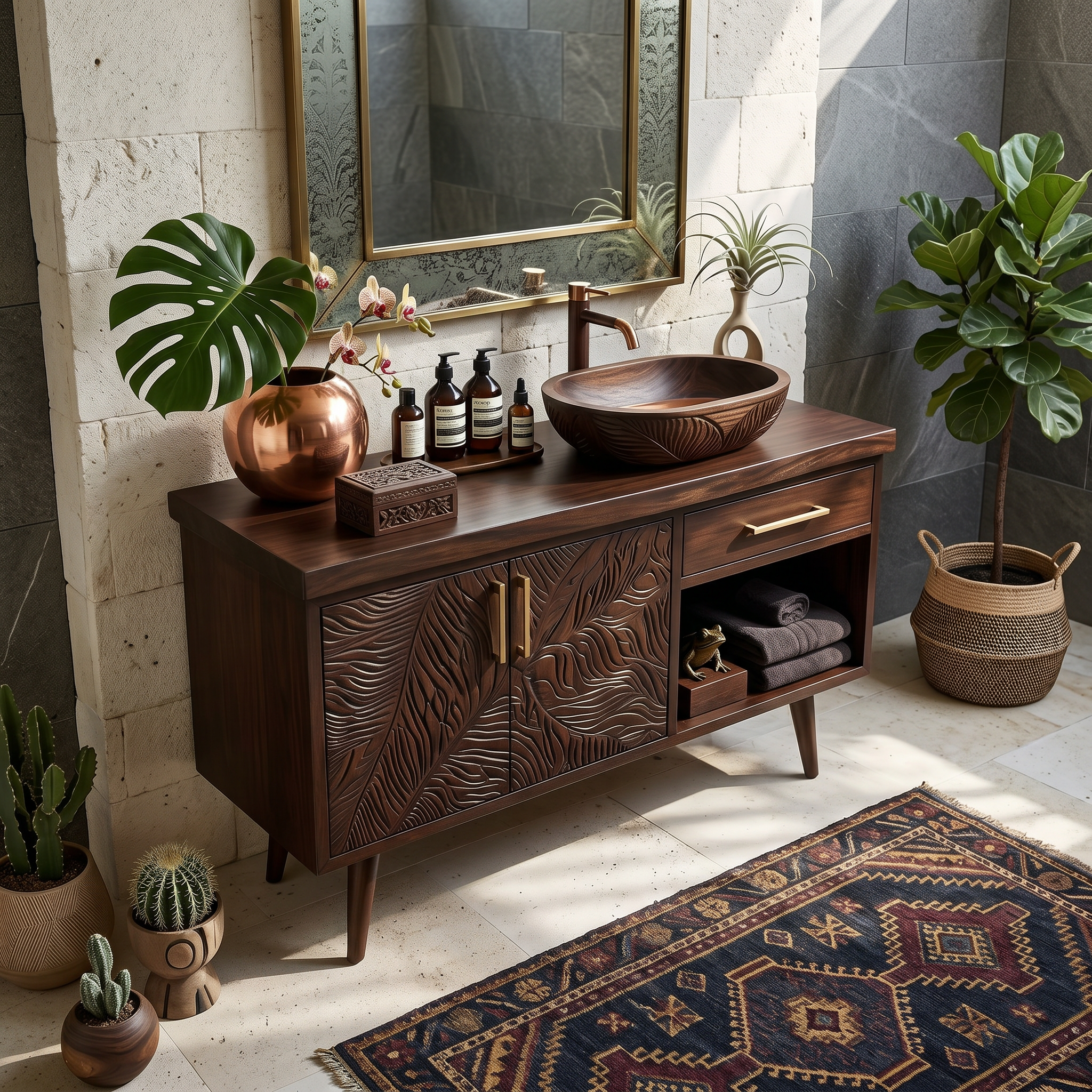 Luxury Wooden Vanity Cabinet With Leaf Carving Spa Bathroom SILDTTRBRV144