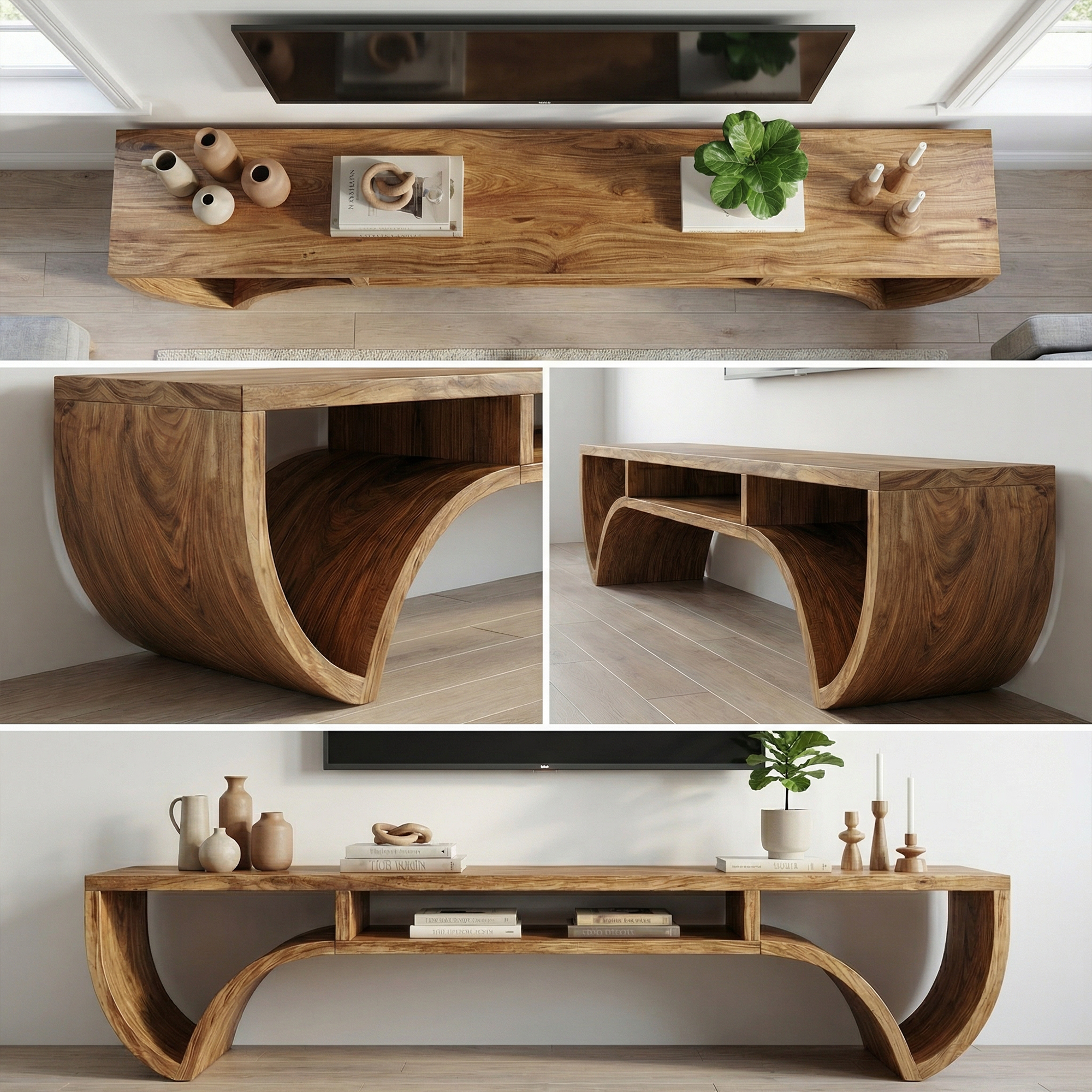 Rustic Solid Wood TV Stand Curved Base Storage Shelf Living Room SINLKITS007