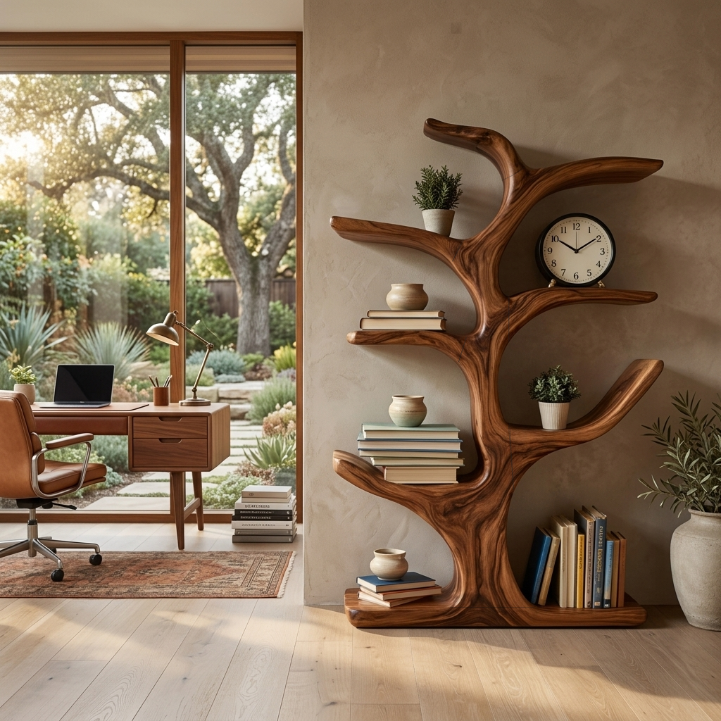 Handmade Wood Bookshelf Sculptural Curved Design For Living Room RTTHTTBS110