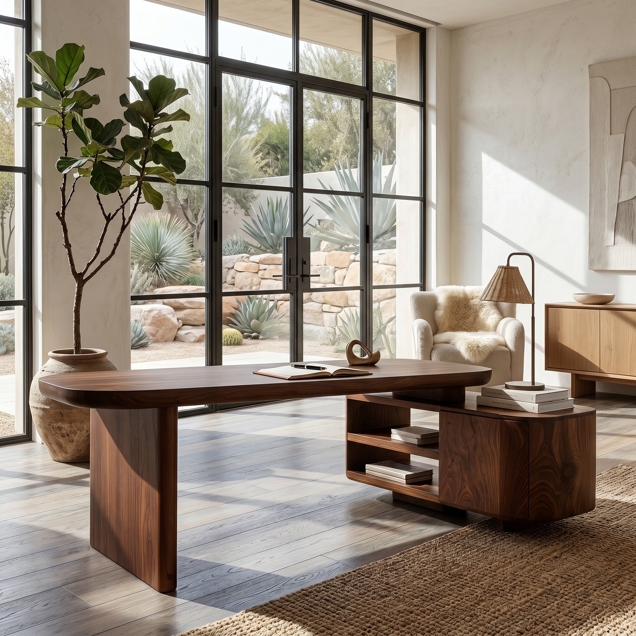 Contemporary Wooden L Desk With Rounded Form For Creative Studio RTTHHNDE109