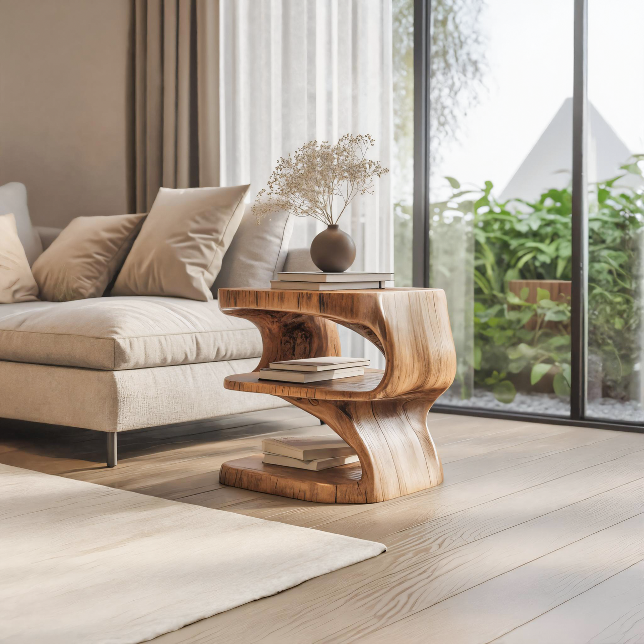 Modern Sculpted Wood Side Table With Open Shelf For Living Room Or Bedroom SITHTTSTA016