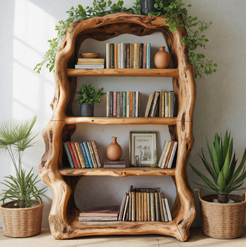 Rustic Sculptural Wooden Bookshelf With Carved Frame For Living Room Or Library SITHTTBS028