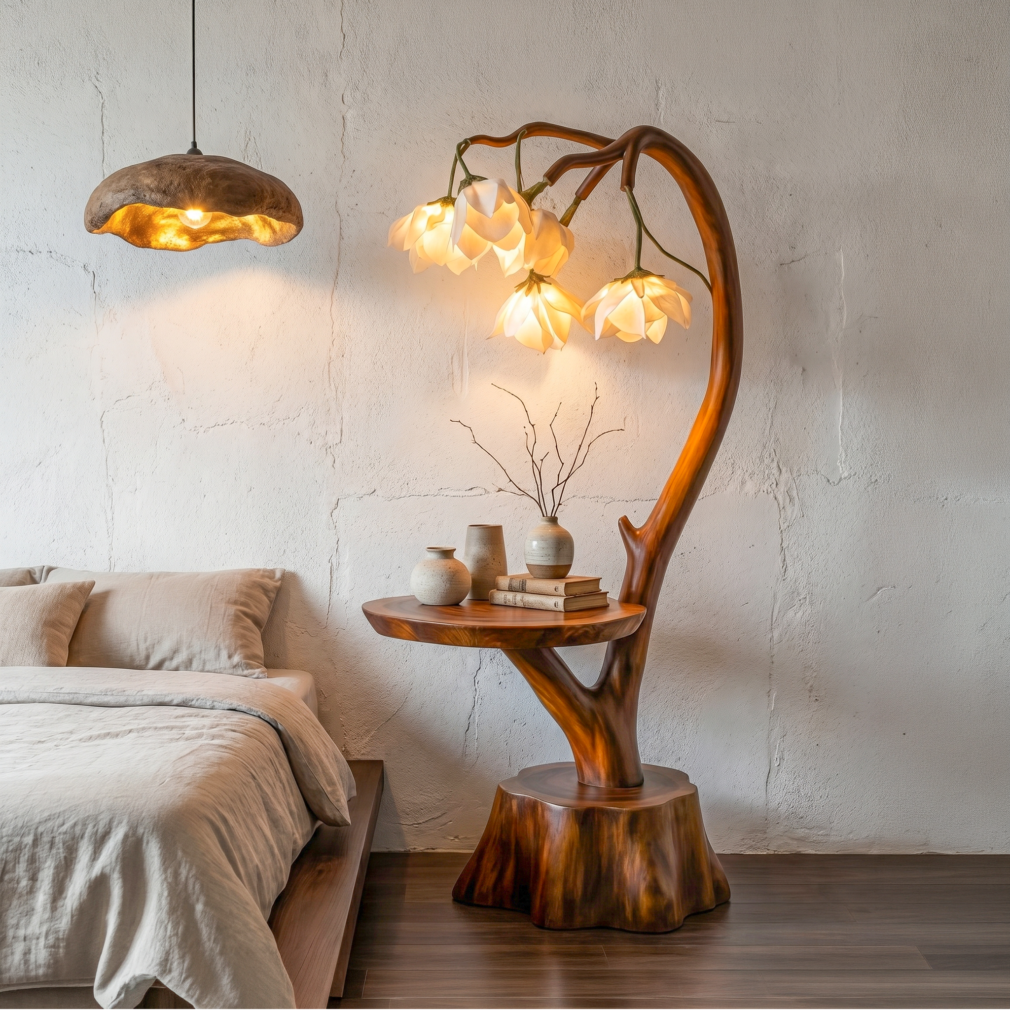Sculptural Flower Floor Lamp With Handmade Wood Base For Living Room And Bedroom SINLSAFLP075