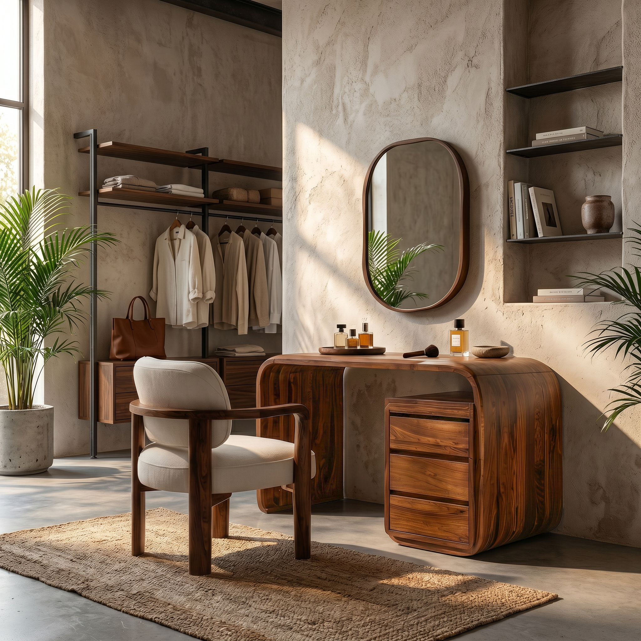 Modern Walnut Vanity Table With Open Shelf Cabinet For Bedroom SINLSABDT073