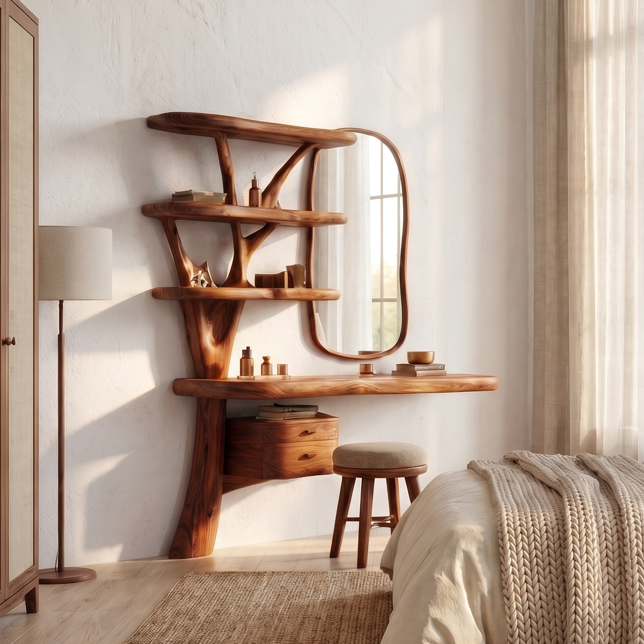 Sculptural Tree Vanity Desk With Curved Wood Shelves For Bedroom SINLSABDT075