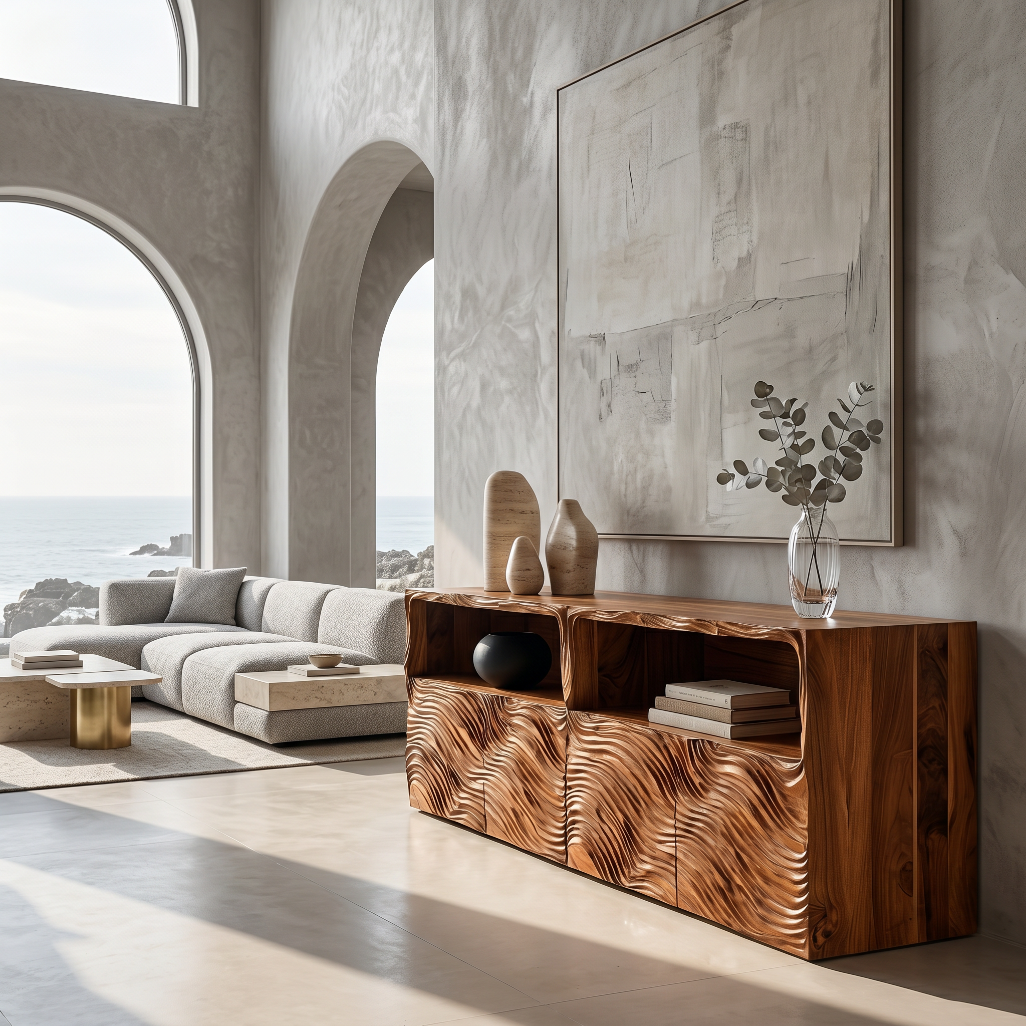 Modern Sideboard With Hand Carved Wave Wood Doors And Open Display Shelves For Living Room SINLSASC532