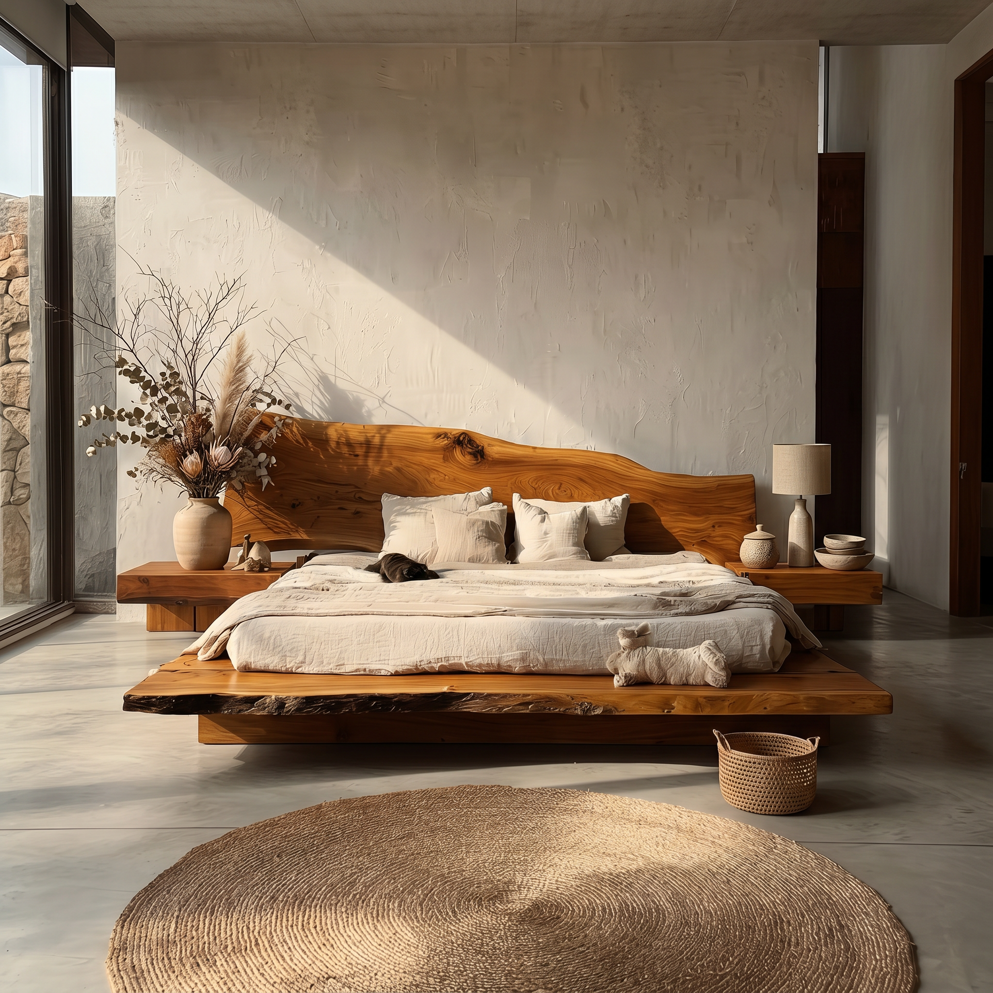 Rustic Bed Frame With Natural Wood Headboard For Bedroom SINLSAWB128