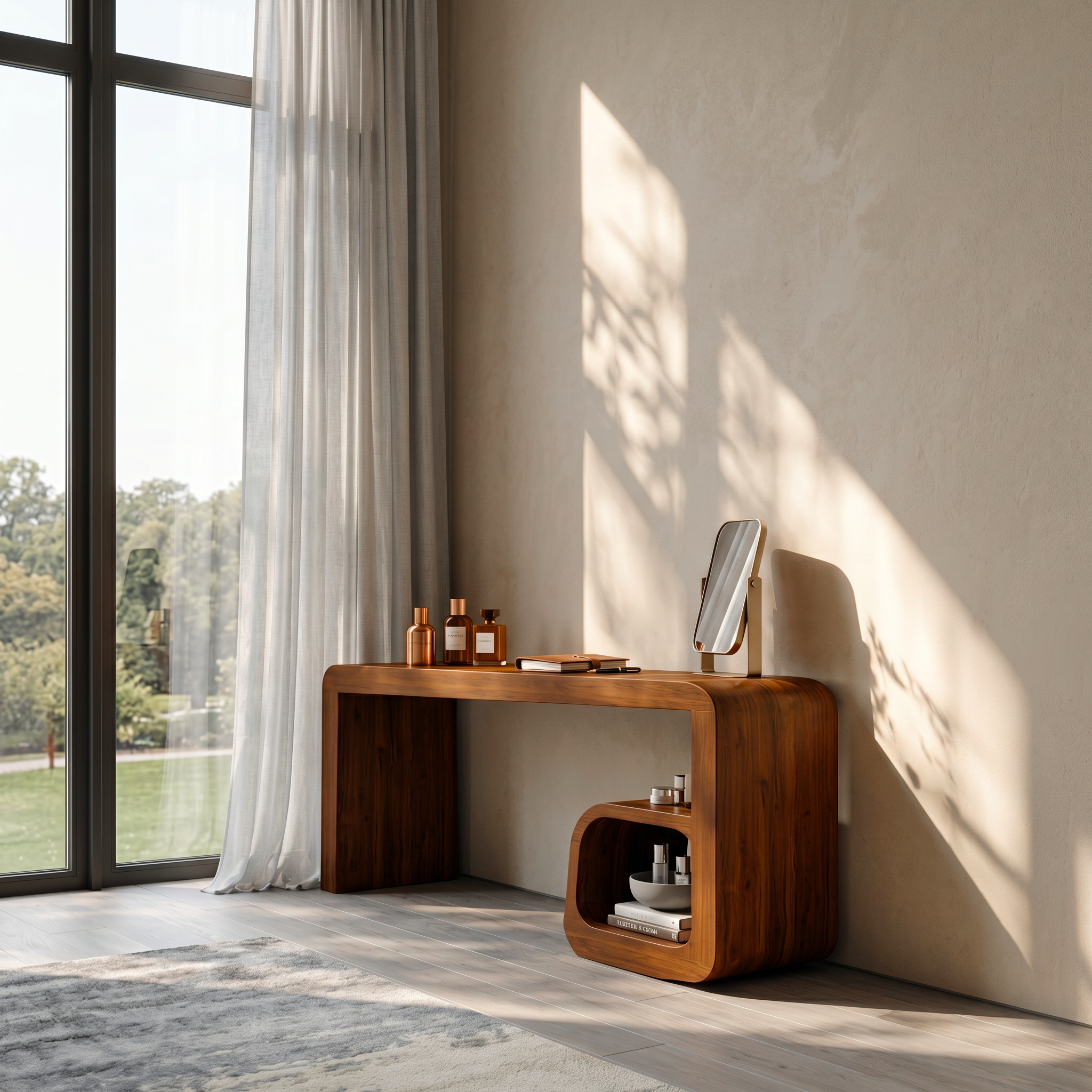 Sculptural Dressing Table With Curved Wood Silhouette For Bedroom Decor SINLSABDT093